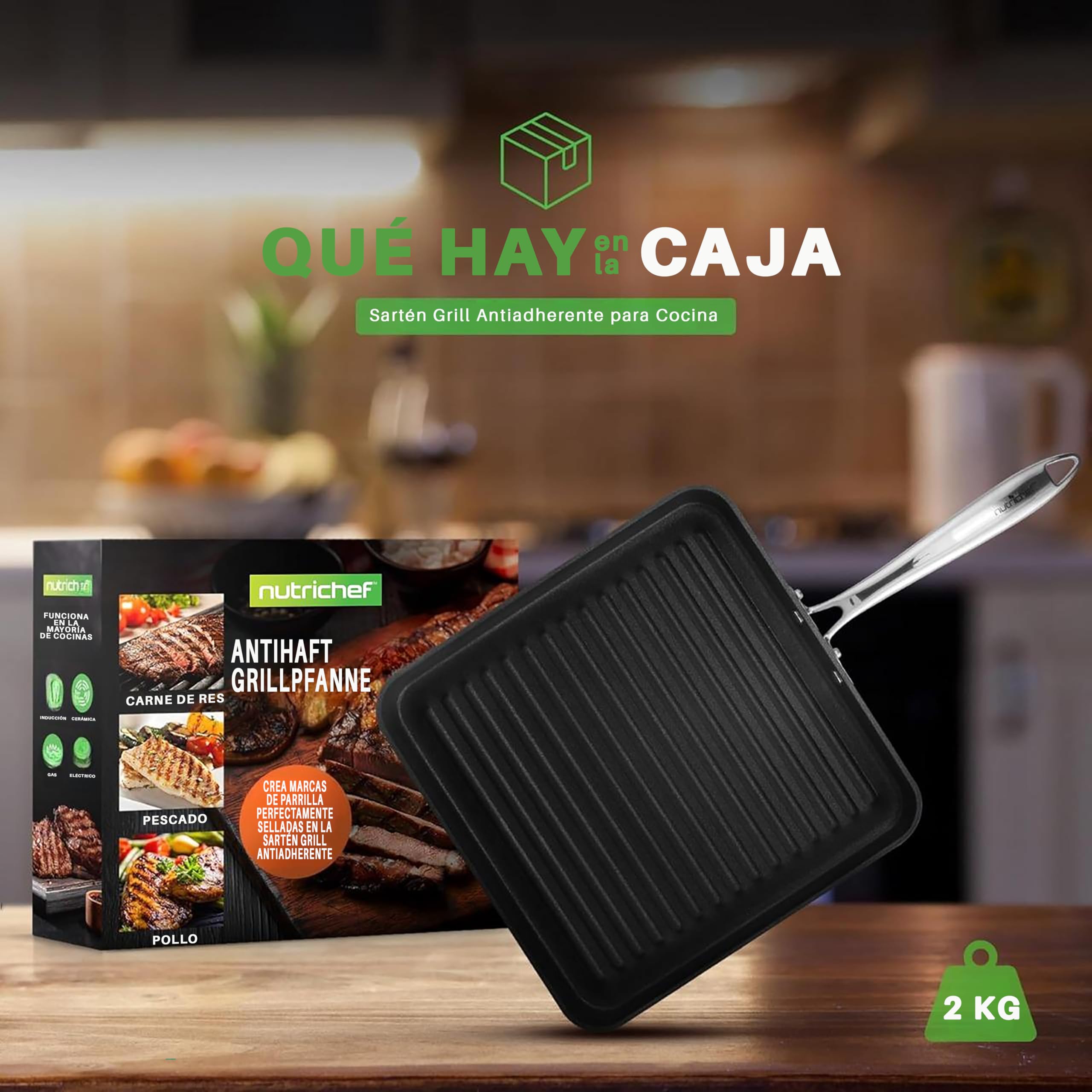 Nutrichef sarten parrilla, Grill, 11”, Cuadrada, Anodizada, Asador, Plancha cocina, Antiadherente, Asas reforzadas, Apto para lavavajillas