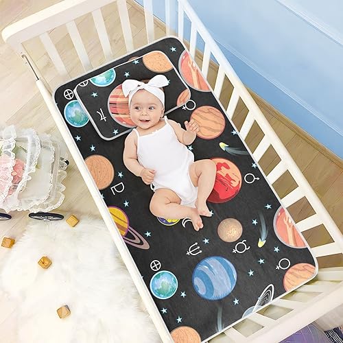 Miniatura 6 de Planets Solar System Crib Mattress Protector Mini Crib Mattres Pad Cover Cooling Mattress Topper Ice Silk Cooling Pad & Pillow Play Mat Washable &