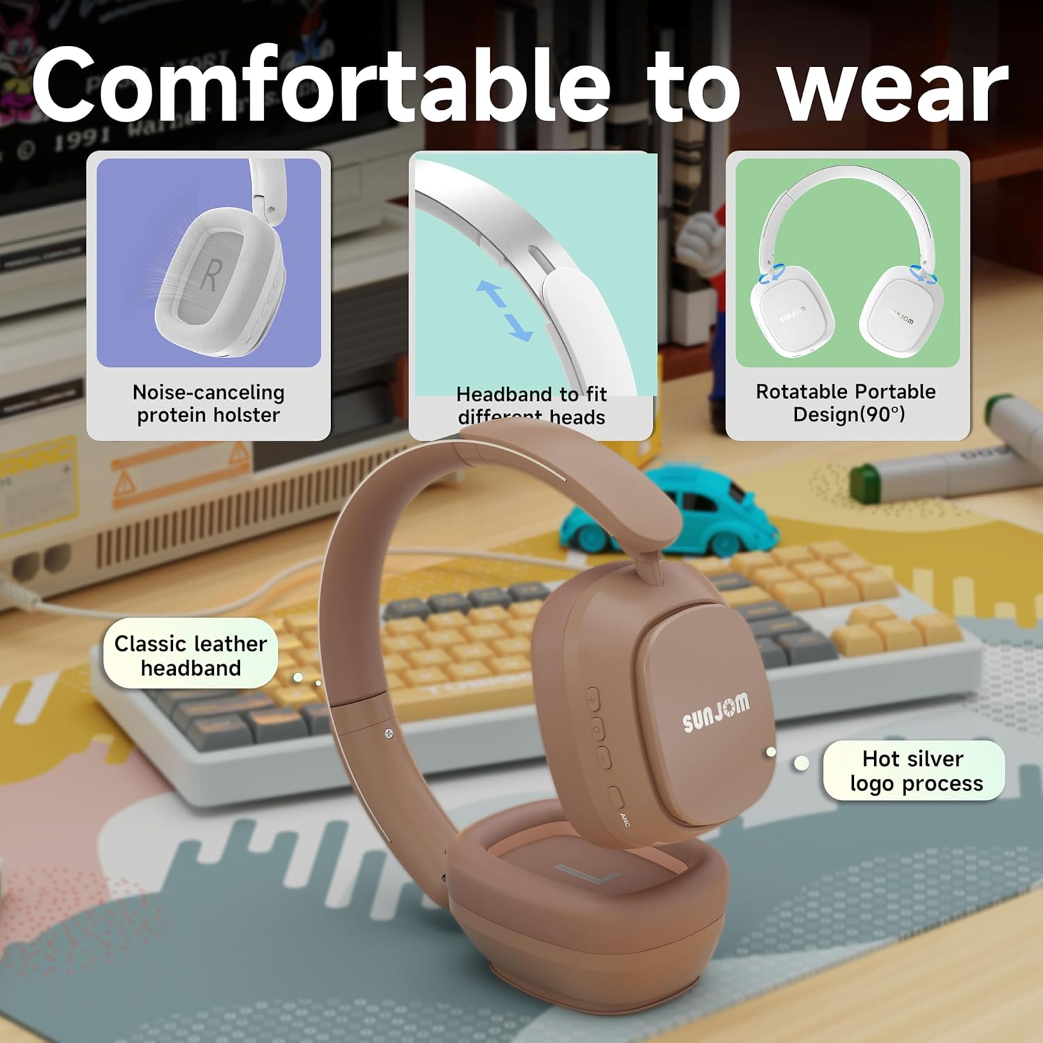 Remix 130H Playtime Bluetooth Over-Ear Wireless Headphones, ANC/ENC Active Noise Cancelling, Foldable Rotatable Lightweight Headphones with Microphone Type-C for Call Travel Sports (Pink Brown) - Image 5