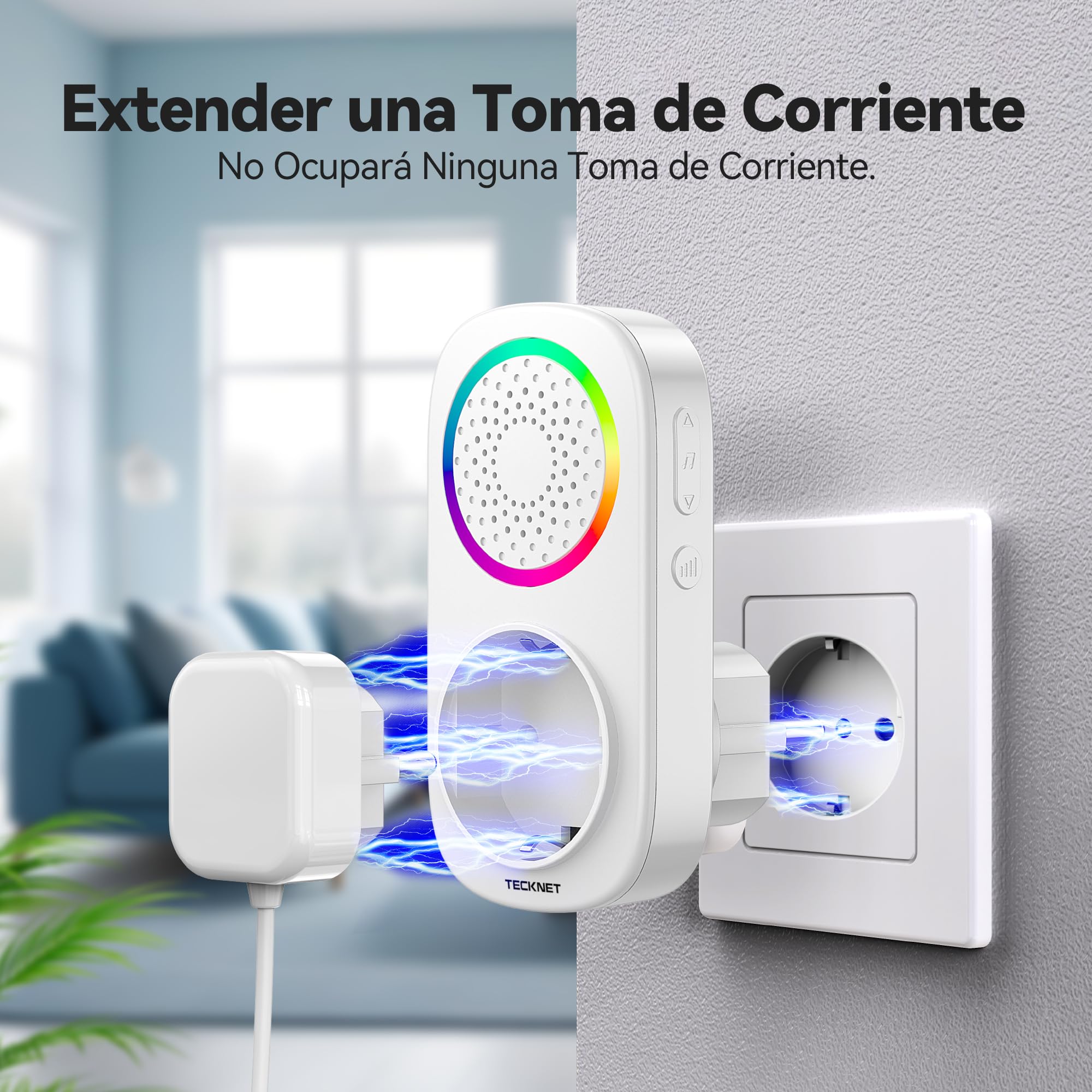 TECKNET Timbre Inalámbrico, 300M RGB Timbre Inalámbrico Autoalimentado, IP65 Timbre Electrónico Impermeable con 60 Melodías, 5 Niveles de Volumen y Flash LED para Hogar Oficina Hotel
