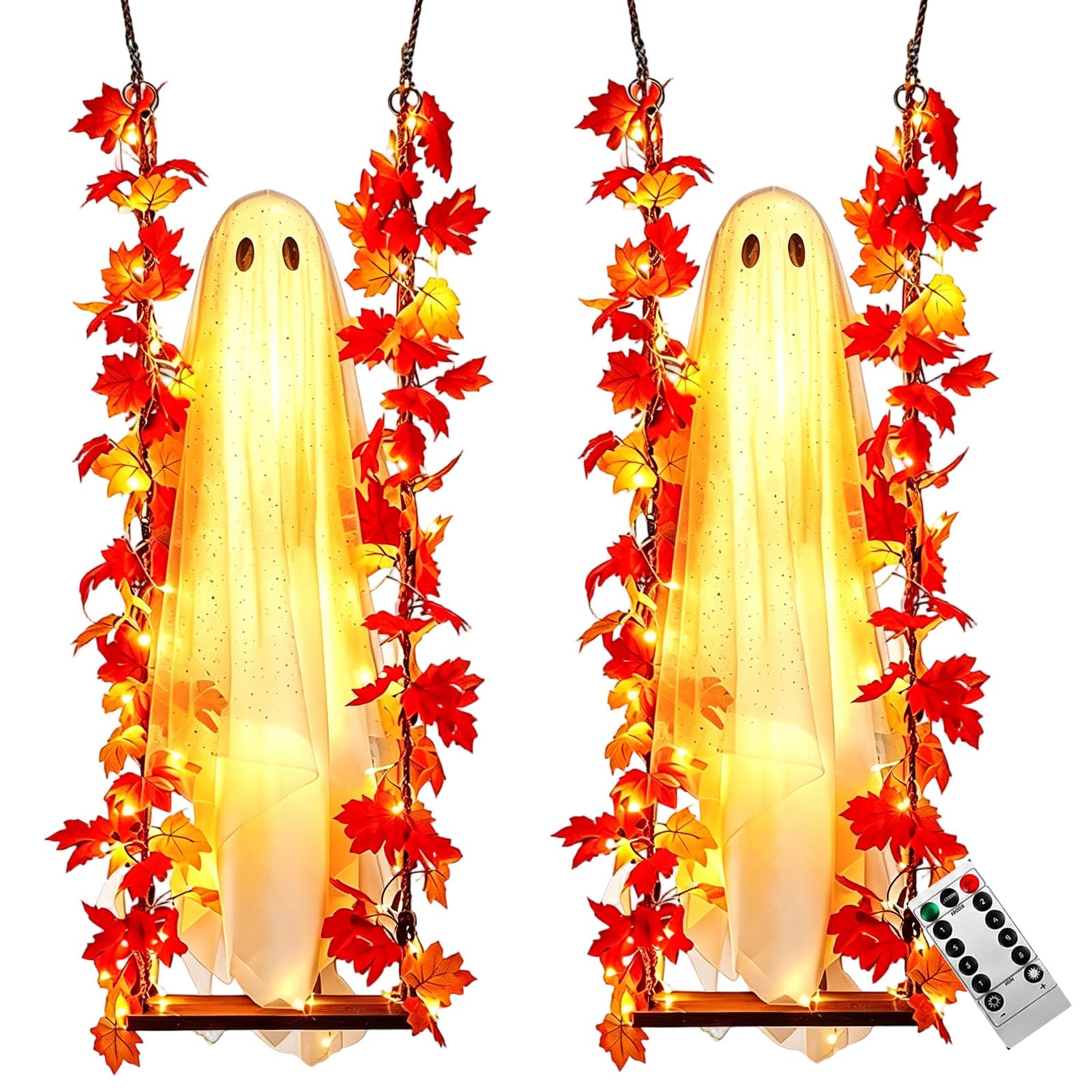Wiszący duch na Halloween, dekoracja ze światłem LED i huśtawką w kształcie liścia klonu, zdalnie sterowana dioda LED, do użytku wewnątrz i na zewnątrz, na drzewo, werandę, jesienną girlandę