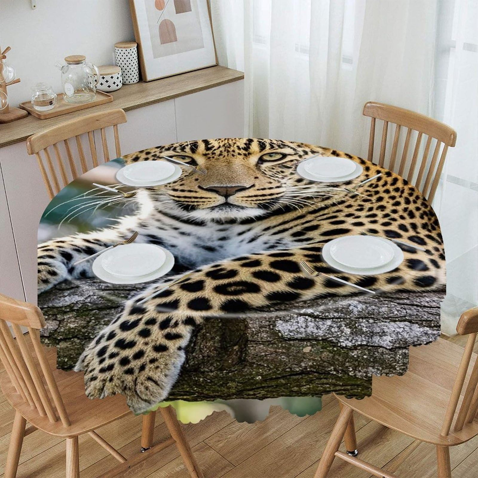 LZQPOEAS Leopard Round Tablecloth Rustic Circle Table Cloth Wrinkle Resistant Decor Tablecloth Waterproof Washable Table Cover for Kitchen Party Dining Table 60 Inch