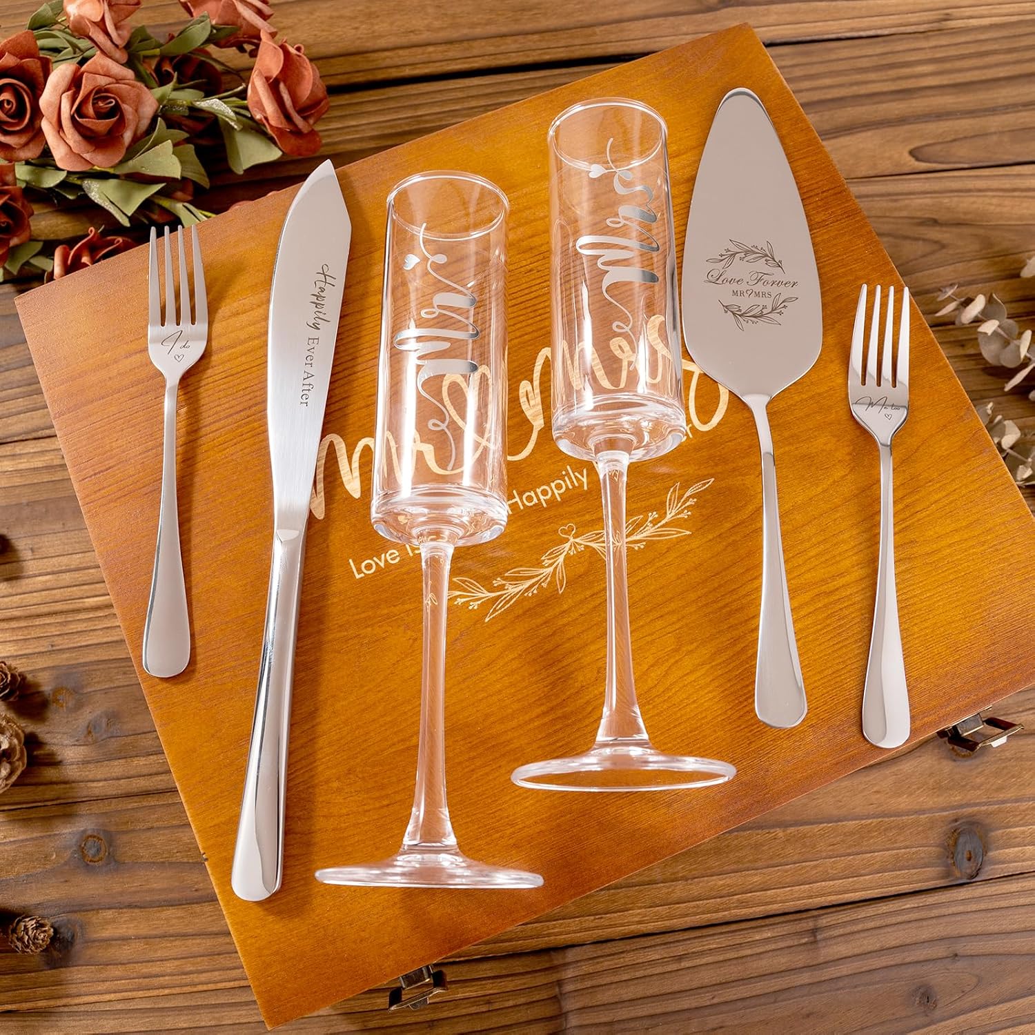 Wedding Cake Knife and Server Set, Mr and Mrs Champagne Flutes & Forks with Wooden Box, Silver Cake Cutting Set for Wedding Engagement Bridal Shower Gifts - Image 2