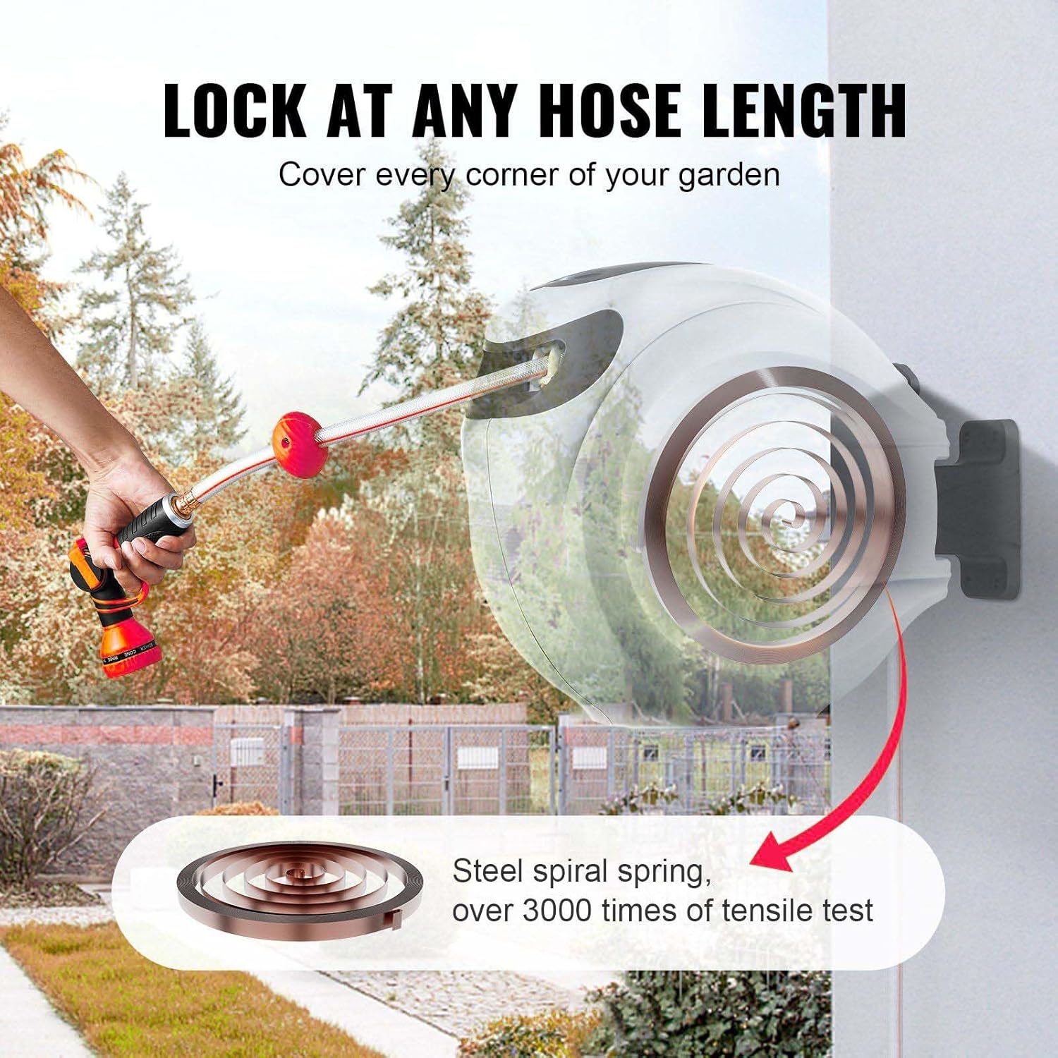 Retractable Hose Reel, 65 ft x 5/8 inch Garden Hose Reel, Garden Hose Reels Extension Power Cord with 9-Pattern Nozzle, Automatic Rewind, 180° Swivel Bracket Wall-Mounted for Ceiling or Wall