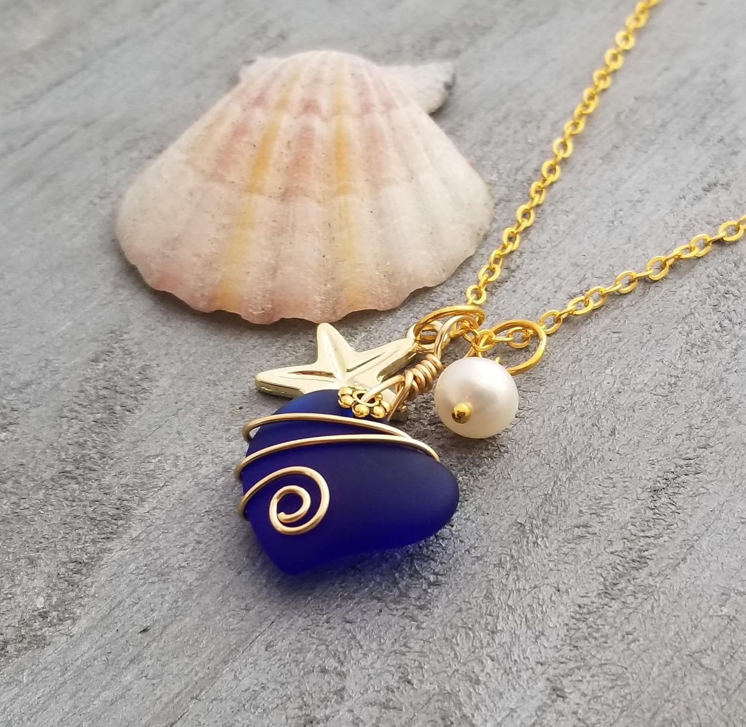 Handmade Sea Glass Necklace, Hawaiian Jewelry For Women, Gold Wire Heart Necklace, Unique Sea Glass Jewelry Gift For Women (Cobalt - September)