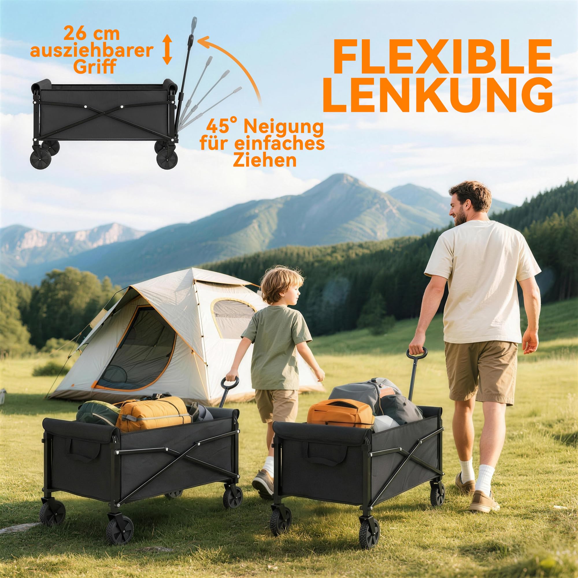 Outsunny Chariot de jardin pliable 50 kg avec poignée réglable, frein, roues, 80 l, noir