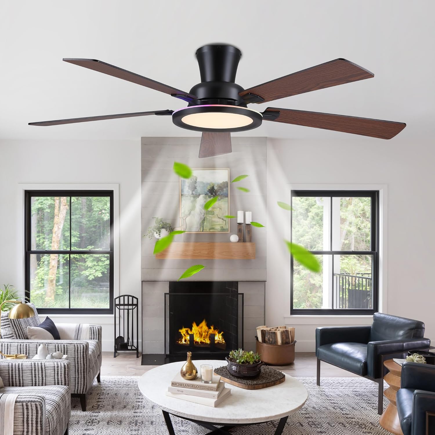 Ayaoty 52in Flush Mount Ceiling Fan with RGB Lights and Remote/APP, Low Profile RGB Ceiling Fan with 5 Reversible Blades, Dimming, Indoor Modern Fan Light Fixutre for Kid's Room, Bedroom, Brown