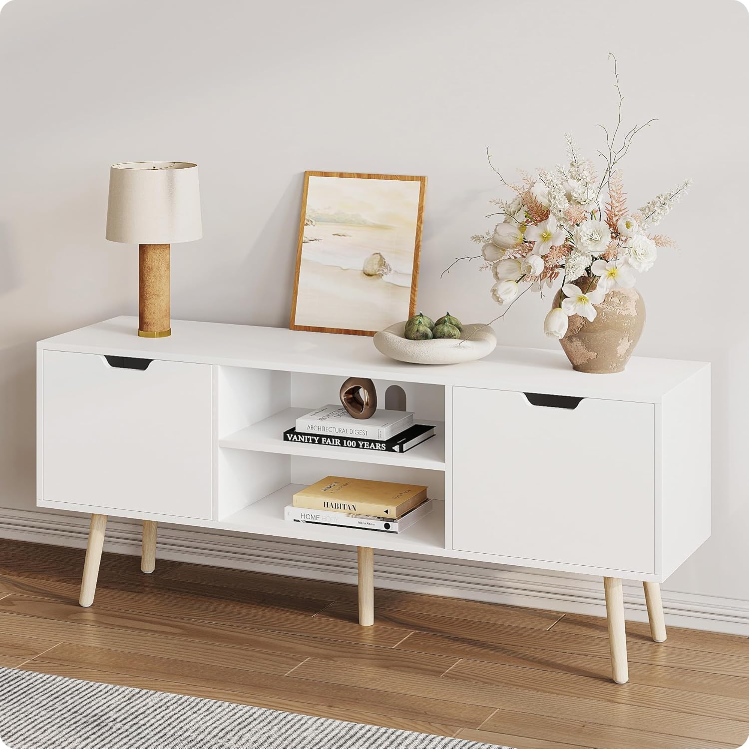 ALINE FURNITURE White TV Stand for 50 55 60+ inch TVs - Media Console with 2 Cabinets & Open Shelves, Solid Wood Legs - TV Consoles for Living Room - 22" H Entertainment Center for Bedroom
