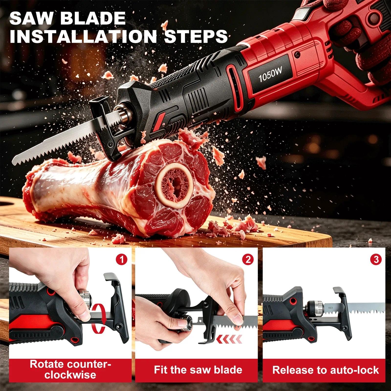 1050W Segaossa Elettrico per Carne con Lama per Sega 240mm(Rosso)