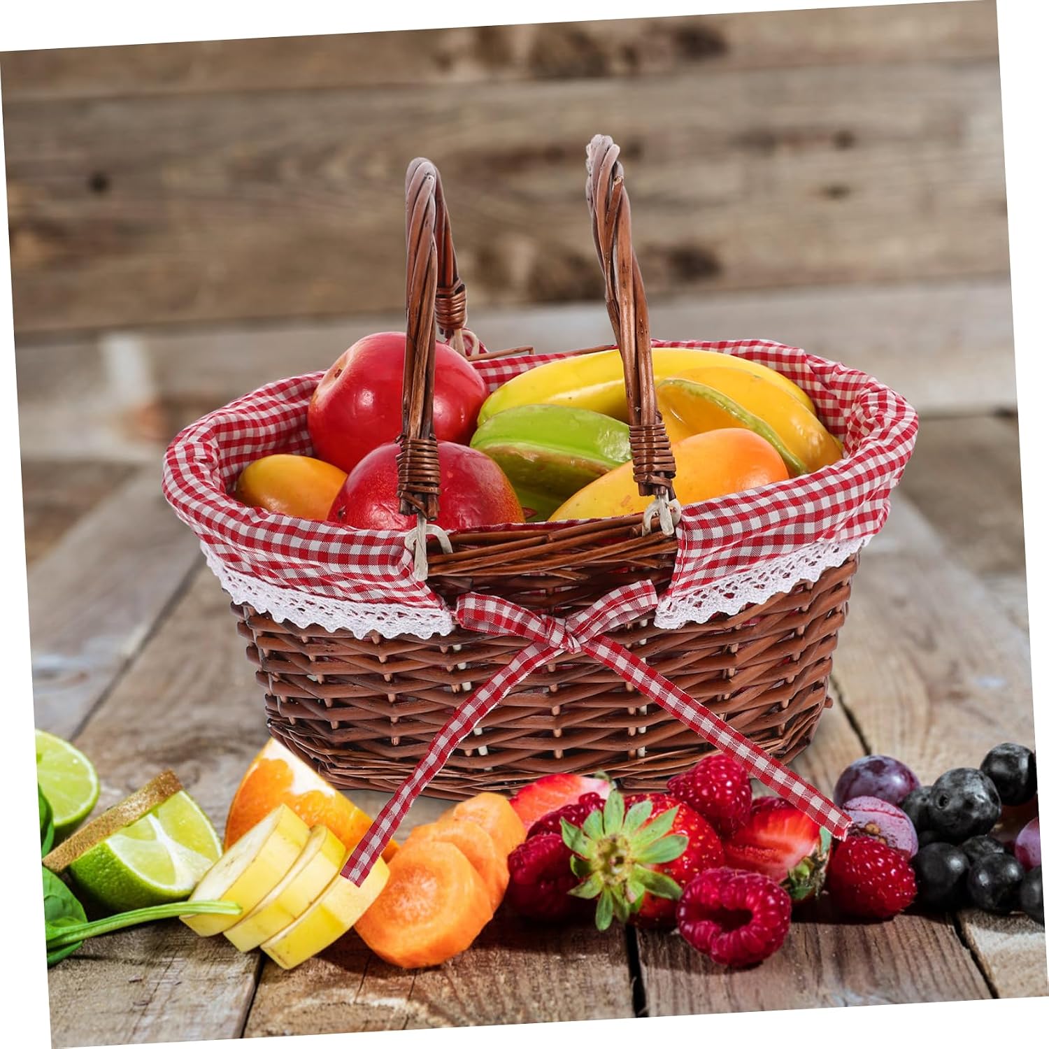 Happyyami Wicker Picnic Basket Handles Hand Woven Storage for Fruits and Easter Eggs Rustic Outdoor Decor for Family Gatherings and Picnics