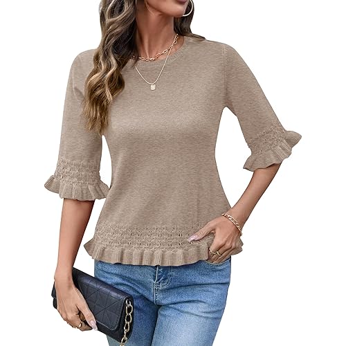 AKEWEI Womens 3/4 Sleeve Sweater Crewneck Knit Peplum Tops Lightweight Casual Pullover Cropped Sweaters