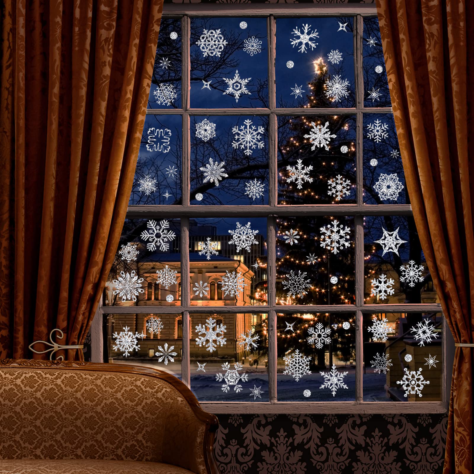 Fassory Silver 93 Pcs Glittering Snowflake Window Stickers, Reusable Winter Static Cling Window Stickers Decals (Silver)