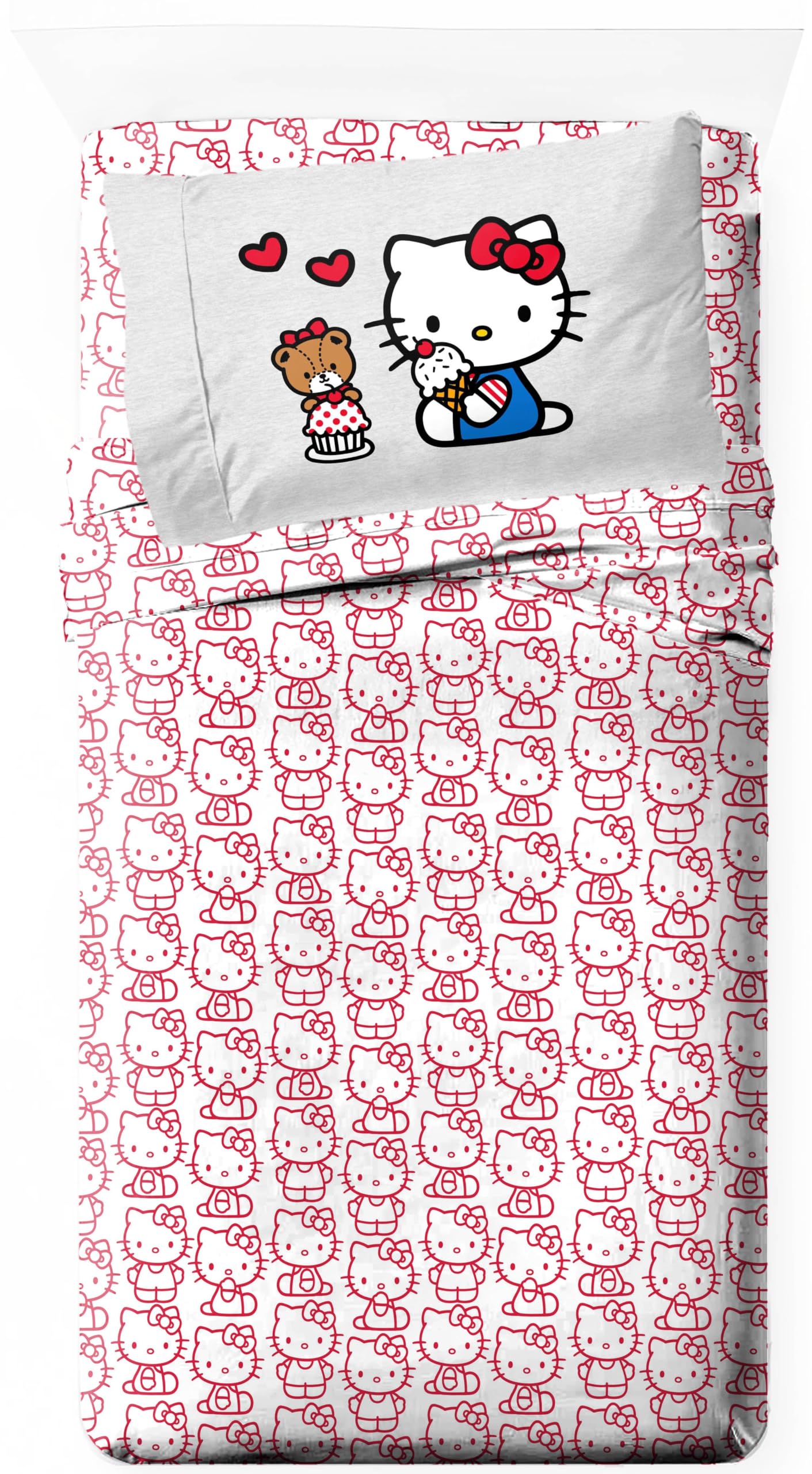 Jay Franco Sheet Set with Fitted, Flat Sheets & Pillow Cover - Ultra-Soft Bedding with Pillowcase for Room Decor, Red - Hello Kitty, 3 Piece Twin