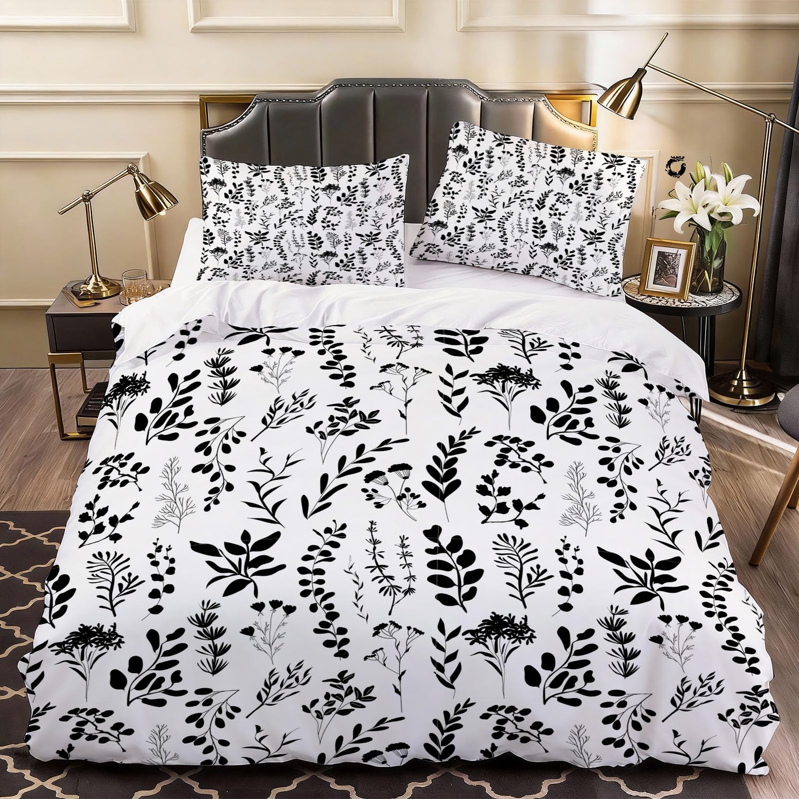 3D Leaves Duvet Cover Black Snowy Printed Bedding Double Bed Set, Soft Microfiber Comforter Cover Printed with Zipper Closure Quilt Coverr 200x200 cm and 2 Pillowcases
