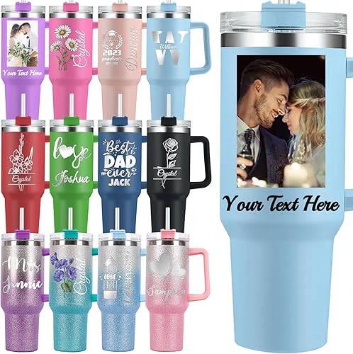Vaso personalizado con asa de 40 onzas, taza con nombre con foto personalizada con tapa y pajita, taza de café de viaje con aislamiento de imagen,