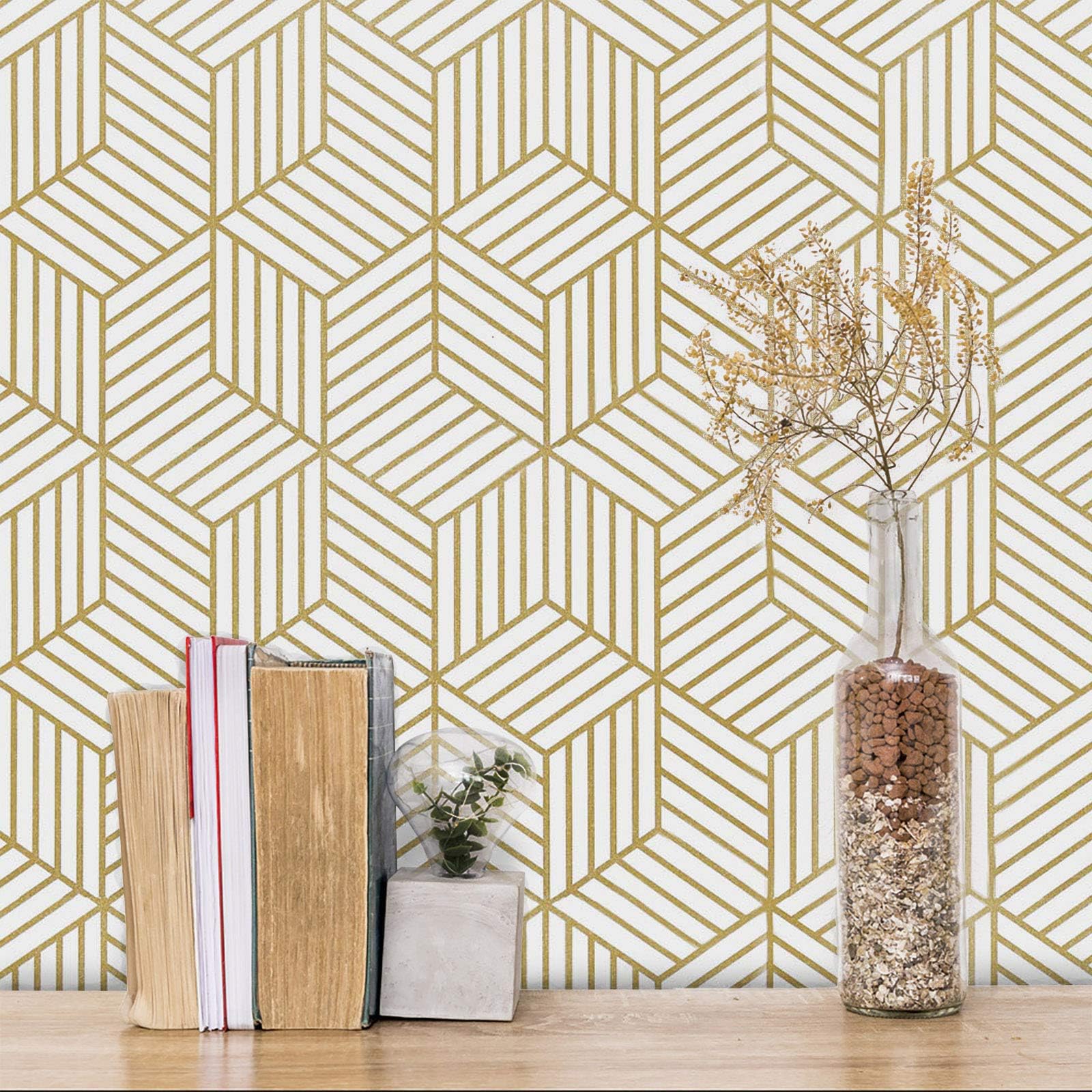 MelunMer Gold and White Geometric Hexagon Peel and Stick Wallpaper, 17.7”×118”, Modern, Geometric, Self-Adhesive, Waterproof, Easy to Install