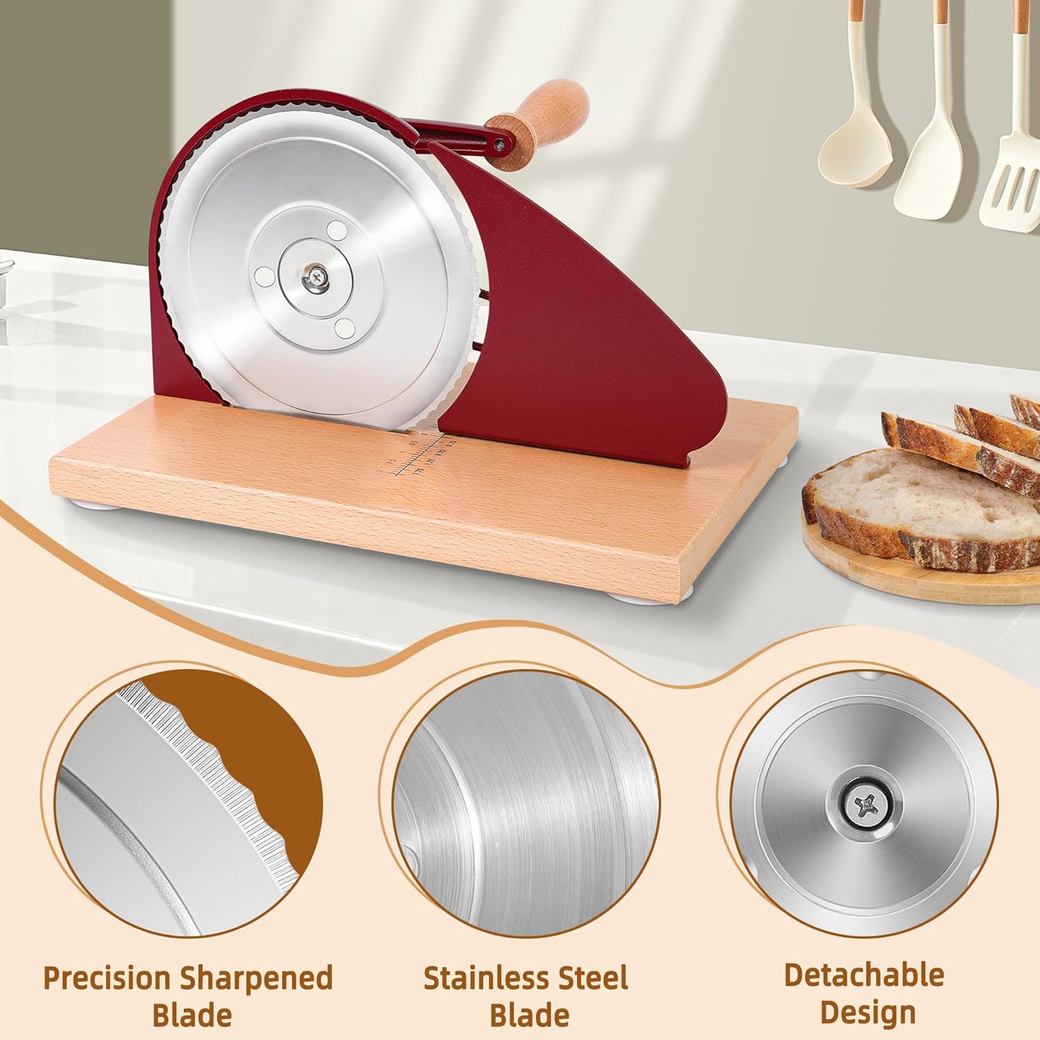 Upgraded Manual Bread Slicer for Homemade Sourdough Bread - Adjustable Thickness Bread Cutter with Hand Crank, Suction Cups, Slicing Guide, Scale Line & Cover, for Perfect Even Slices (Red)