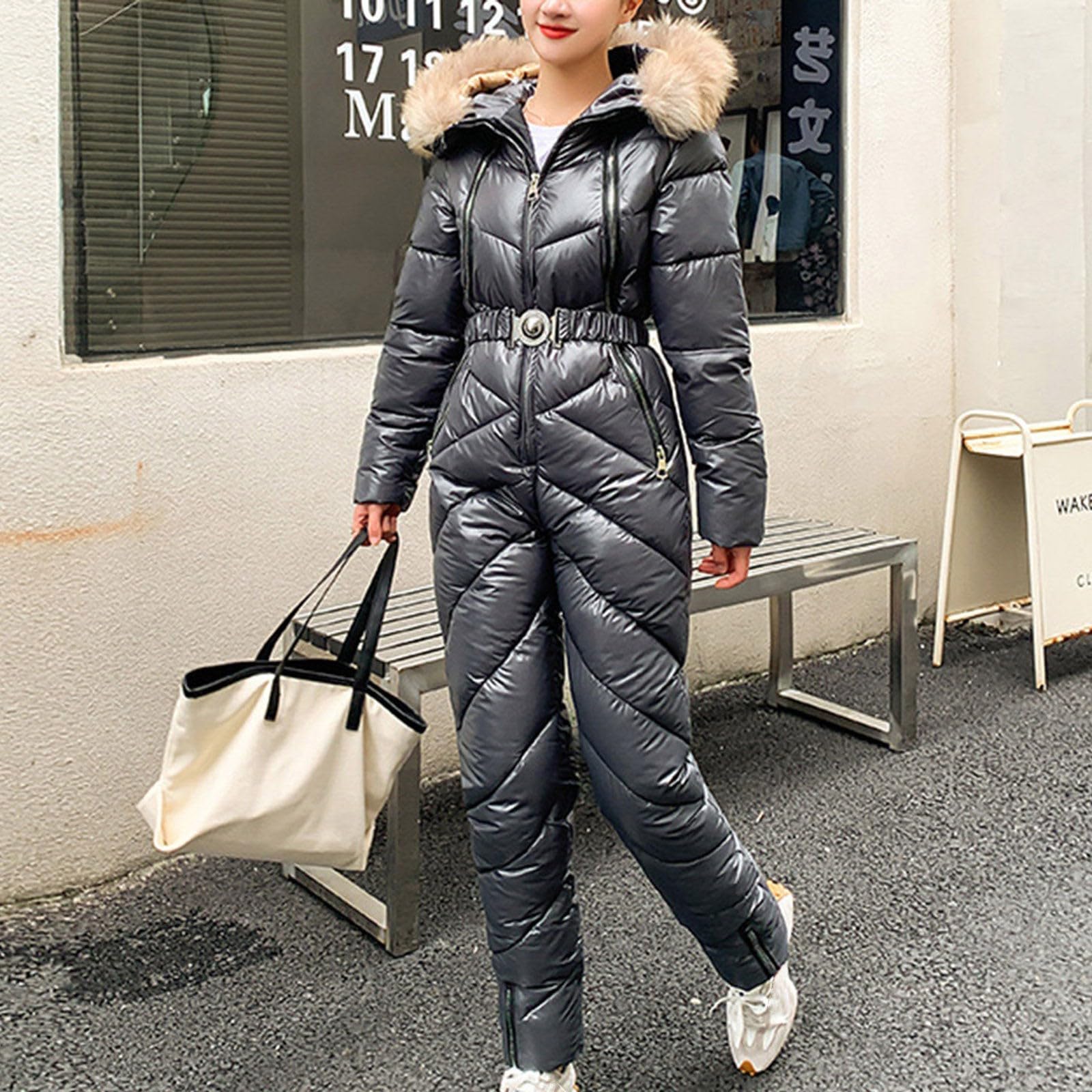Skianzug Damen Overall: Einteiler Skioverall Snowboard Winddichte Schneeanzug Winter Warme Schneejacke Skifahren Sätze mit Kapuze Reißverschluss Jumpsuit Skisuit Outdoor Langarm Skianzüge
