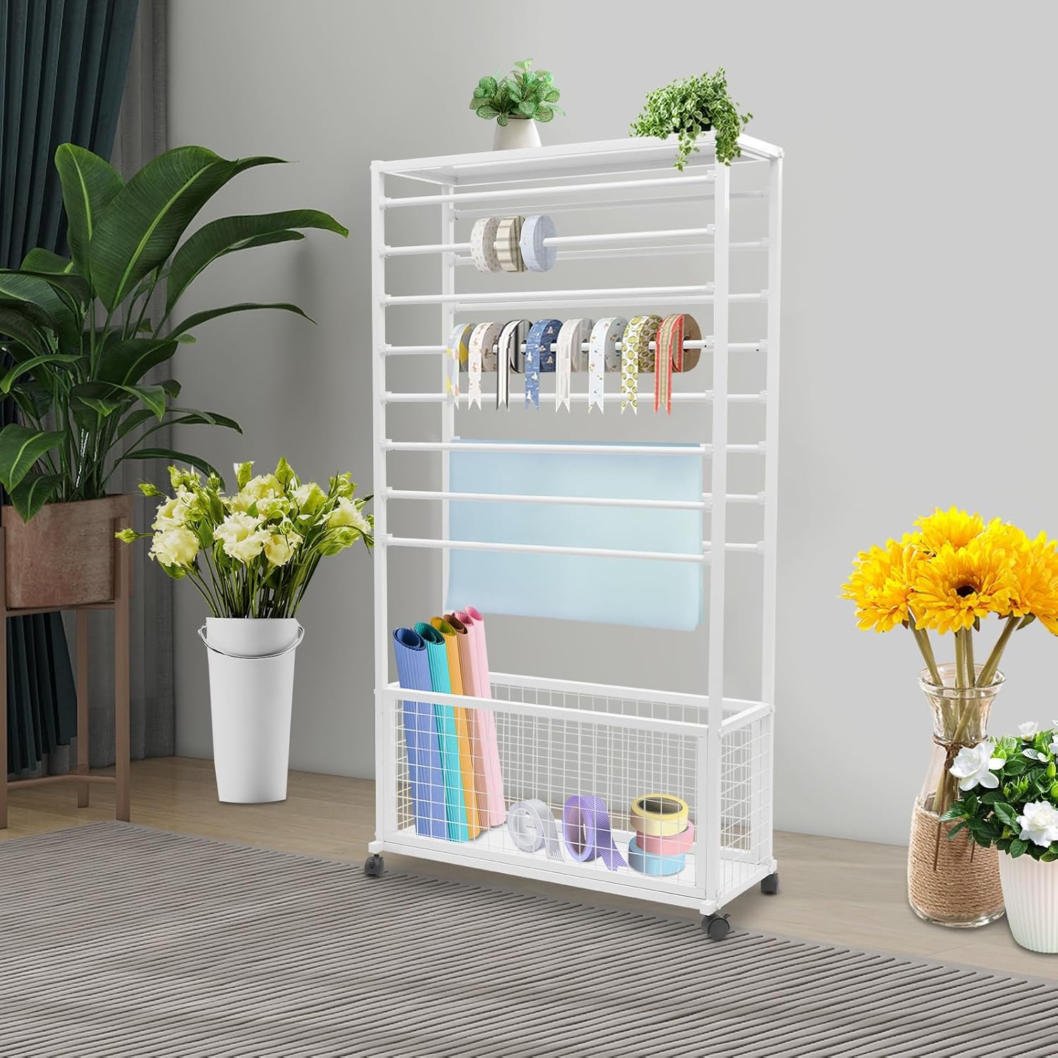 Ribbon Holder, Mobile Ribbon Holder 16 Rods with Storage Basket, Rolling Wrapping Paper Organizer Rack with Locking Wheels, Iron Mobile Ribbon Organizer For Craft Room,Wrapping Paper (White)