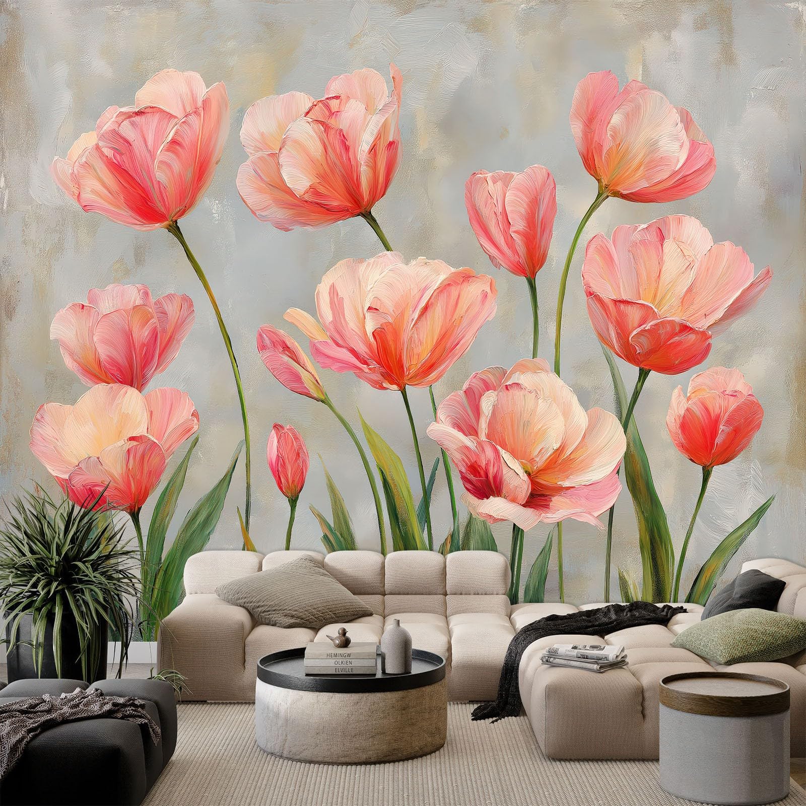 Mural ścienny, tapeta vintage, botaniczne tulipany, dekoracja ścienna do salonu, sypialni, jasnoszara włóknina mural do pokoju dziecięcego, biura, papier fotograficzny, plakat 350 x 256 cm