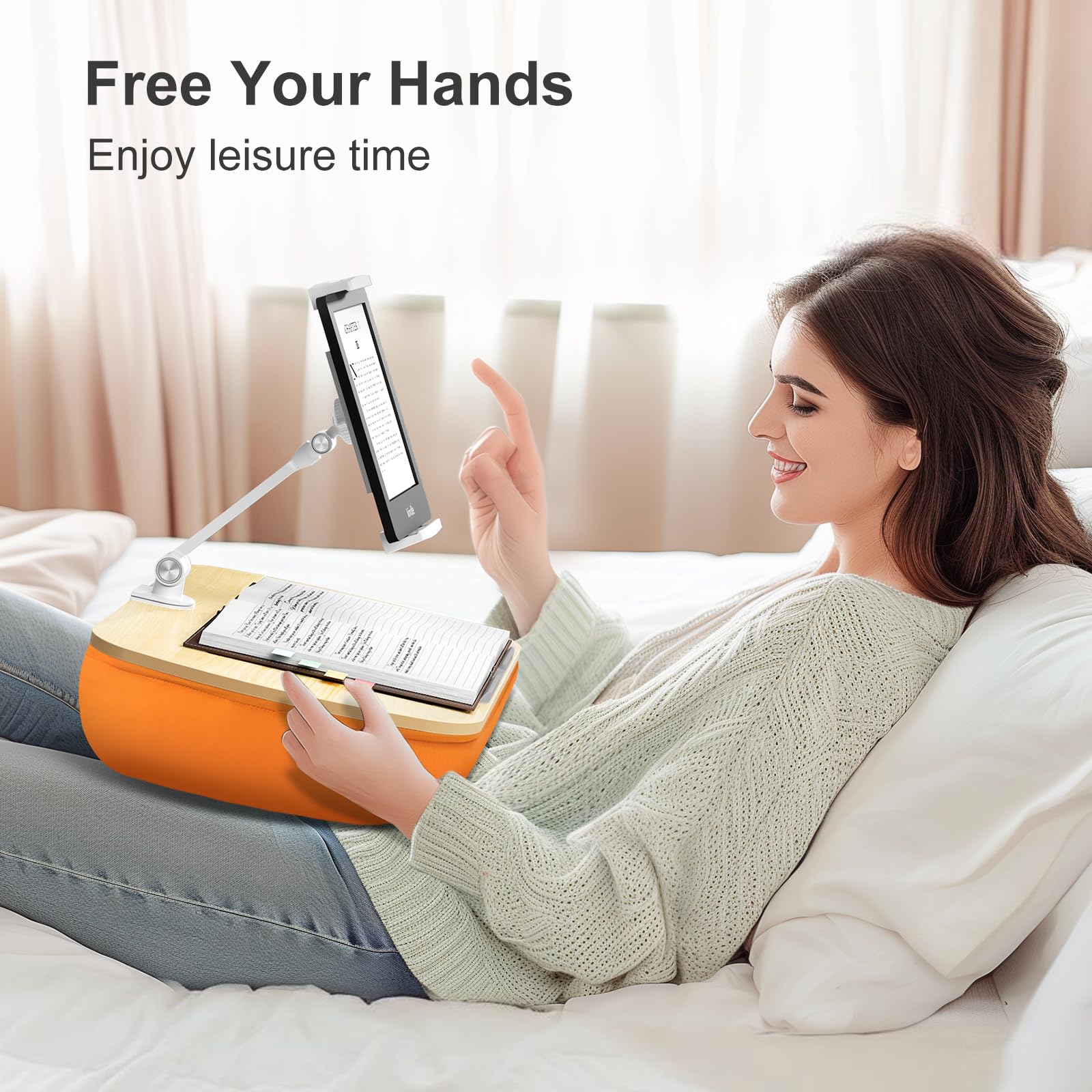 ERGONOV Lap Beanbag Soporte de almohada Kindle, soporte ajustable de 360° para tablet para cama con brazo de eje flexible, soporte de teléfono para tableta para trabajar/ajuste agradable para iPhone,