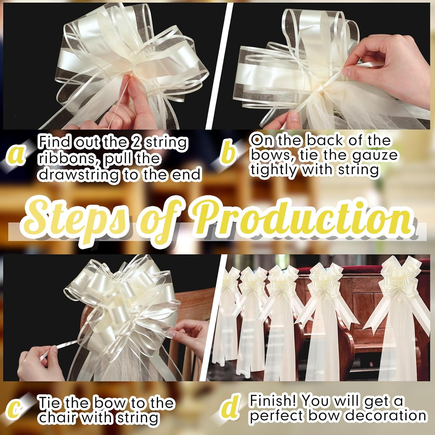 12 Set Large Wedding Pew Bows with Long Tulle Tails Church Chair Aisle Decorations Wedding Car Decoration Big Bows for Bridal Shower Reception Birthday Anniversary (Champagne)