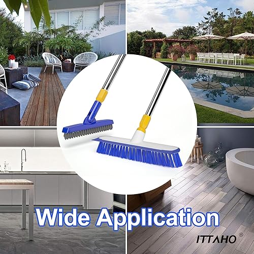 Miniatura 8 de ITTAHO Juego de cepillos para fregar y lechada de piso de 12 pulgadas de ancho con mango largo extensible, limpiador de cerdas rígidas resistente