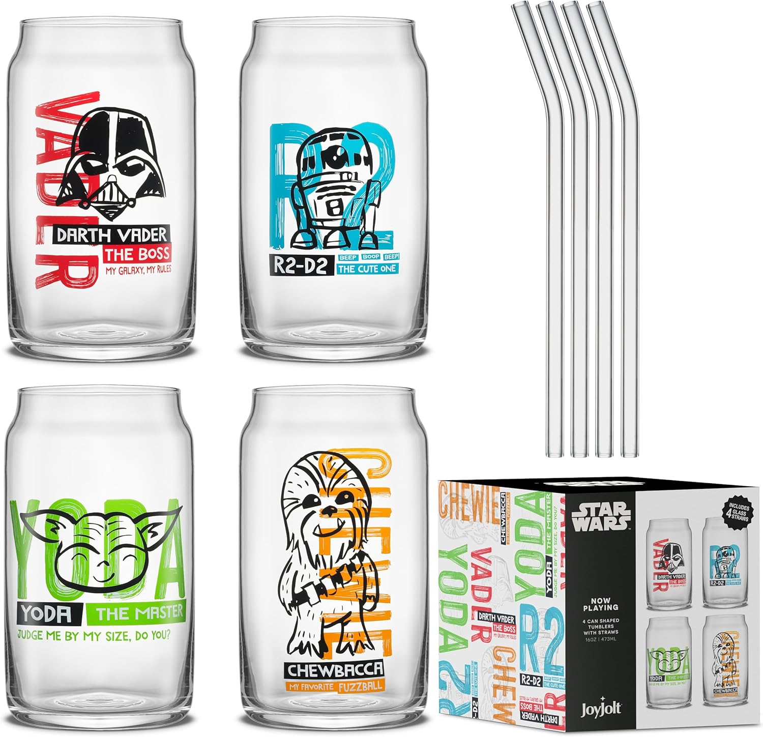 JoyJolt Star Wars Now Playing Collection Tumblers, 16.9oz Classic Can Shape Glass Tumbler Set of 4 w/Glass Straws - Image 3