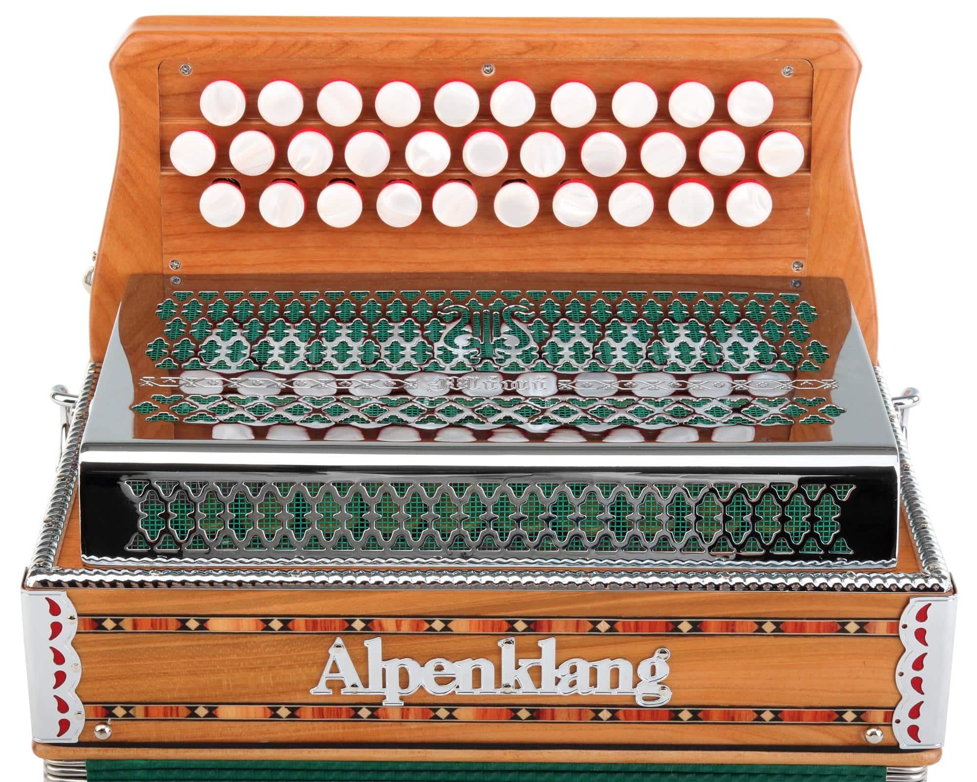 Alpenklang "Mini" Massiv aus Kirschholz (B-Es-As Stimmung, 31 Knopftasten, 11 Helikon-Bässe, 3-reihig, inkl. Rucksack-Case