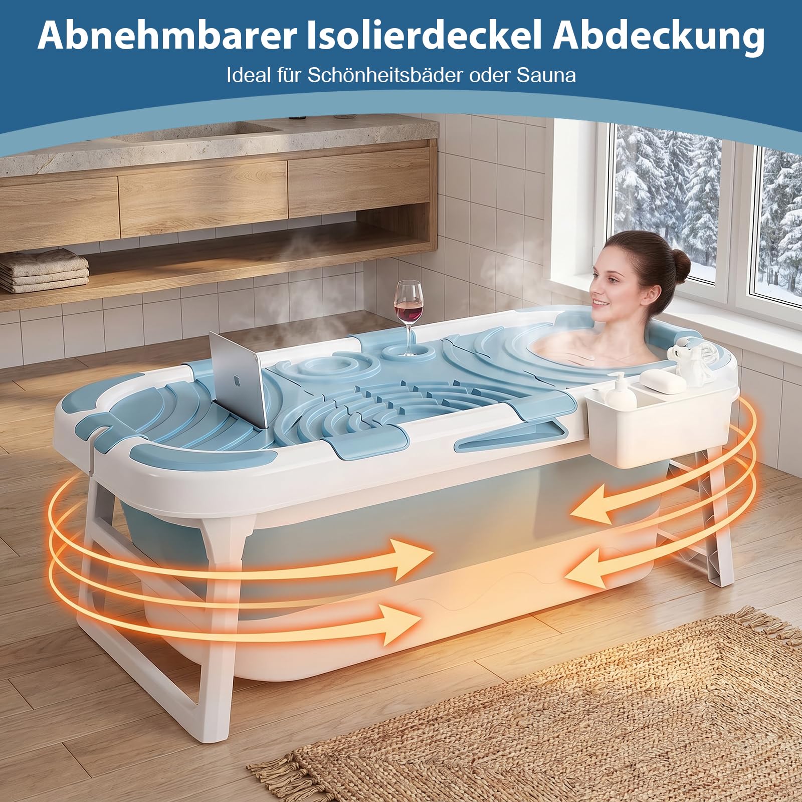 Faltbare Badewanne Erwachsene, Mobile Klappbadewanne mit Abnehmbarer Abdeckung, Tragbare Bathtub für Dusche & Badezimmer, Sitzbadewanne mit Seifenkorb & Nackenkissen Blau