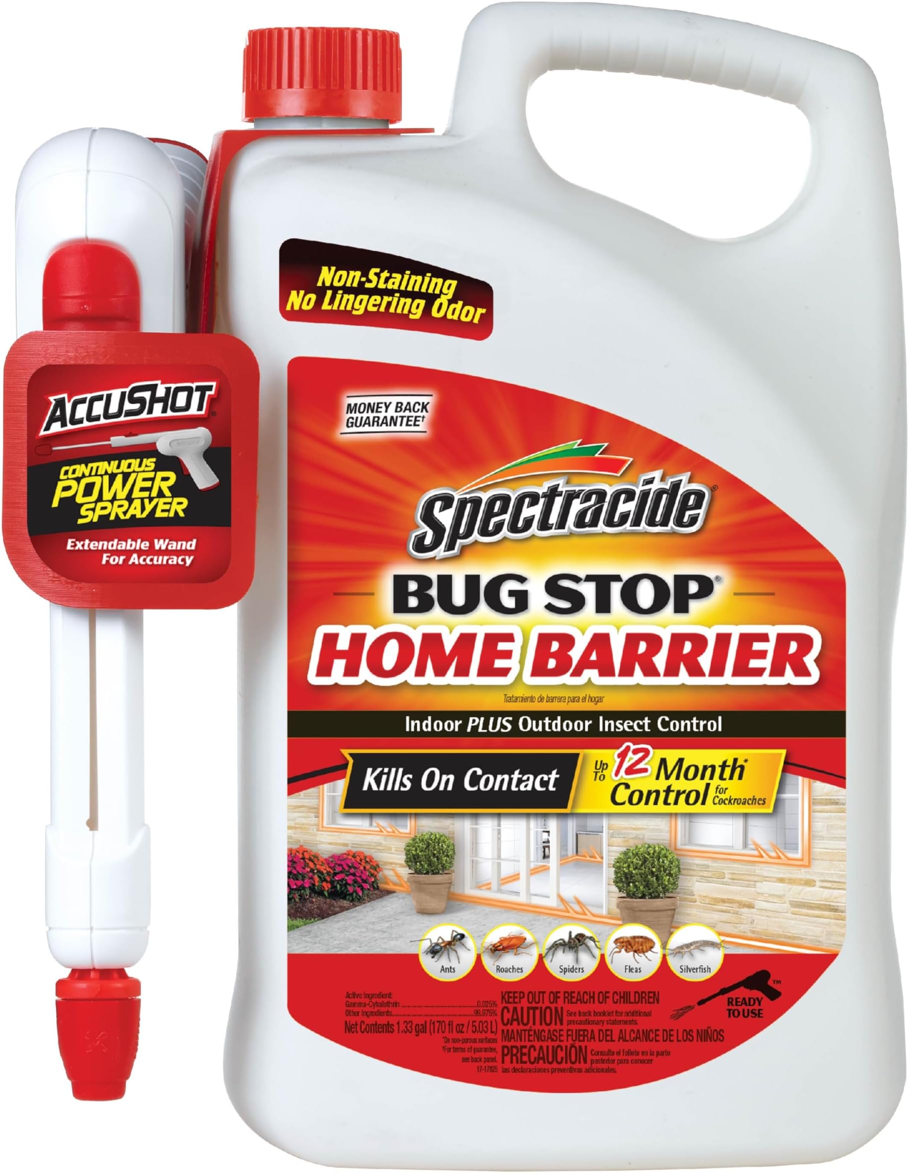 Spectracide Bug Stop Home Barrier, Kills Ants, Roaches and Spiders On Contact, Indoor and Outdoor Insect Control, 1.33 Gallon (RTU Accushot Spray), Plain