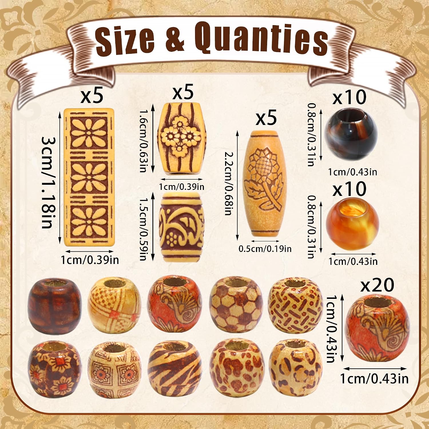 NAISKA 60PCS Natural Wooden Beads Amber Bead African Loc Jewelry Vintage Brown Hair Tube Beads 7 Styles Painted Wood Dreadlock Accessories for Women Men image 4