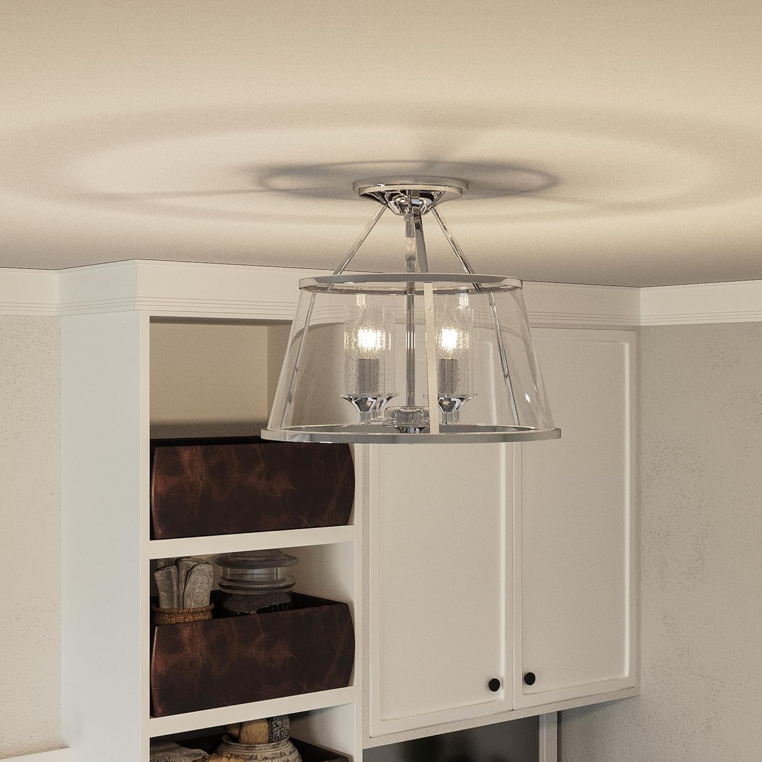 Quoizel Barlow Semi-Flush Mount Ceiling Light Fixture, 16 Inch 4-Light Polished Nickel Hanging Light, Dual Glass Shades, Drum Light for Hallway, Bedroom, Dining, Living Room, Farmhouse or Office