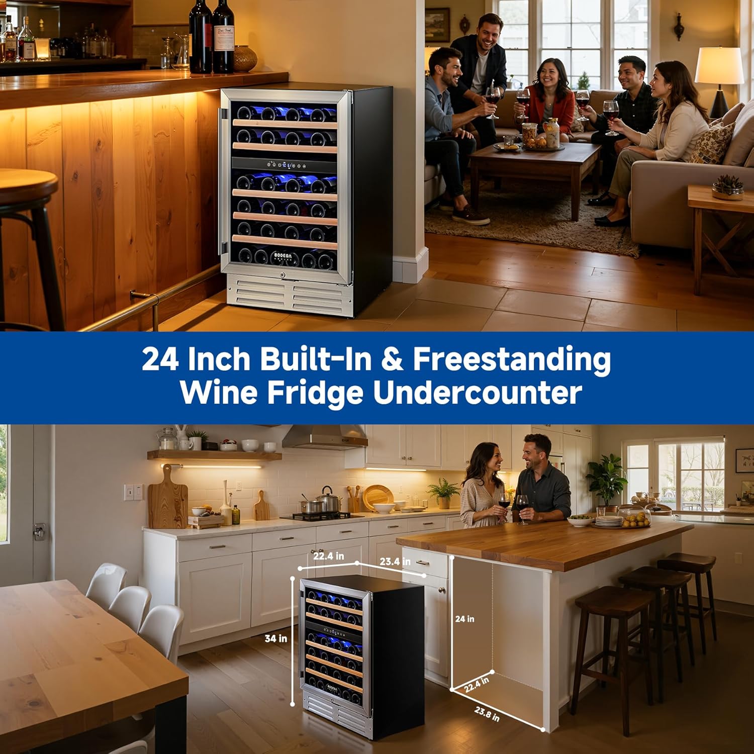 BODEGA COOLER 24 Inch Wine Fridge, 46 Bottle Wine Cooler Refrigerator, 41-72°F Wine Refrigerator Glass Door, Blue LED Wine Fridge, Built-in or Freestanding Fridge for Home/Bar/Kitchen (5.3 cu.ft)