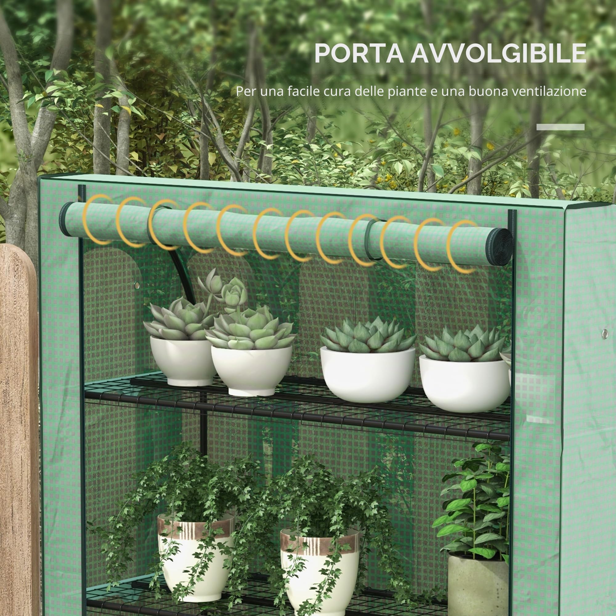 Outsunny Mini serra da giardino per balconi a 4 livelli con struttura in acciaio e telo in PE rinforzato, porta avvolgibile portatile per interni ed esterni, 120 x 50 x 170 cm, verde