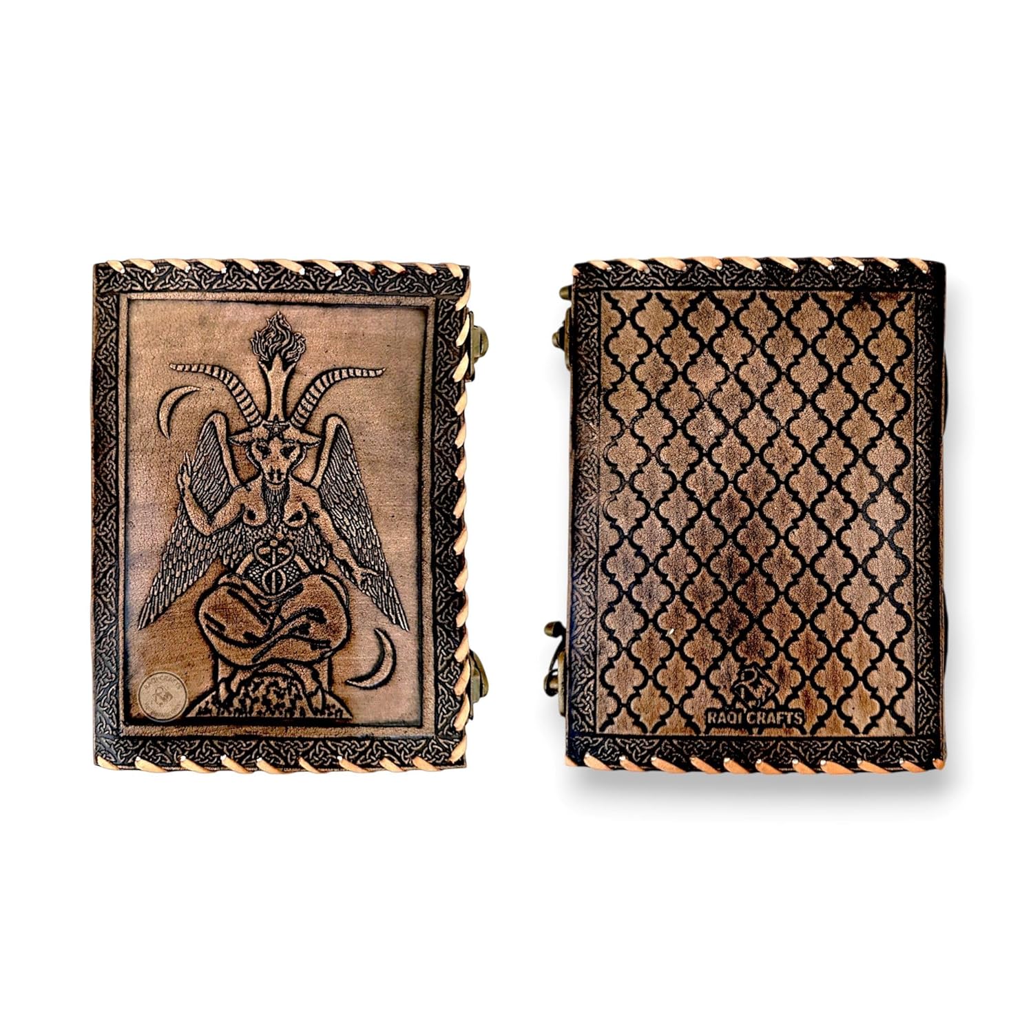 RAQI CRAFTS premium handmade leather journal – Embossed Sigil of Baphomet, Satanic Book of Shadows design, Perfect for spells, travel diary, or vintage-style gift, 8x6in Brushed Bronze color      Unknown Binding