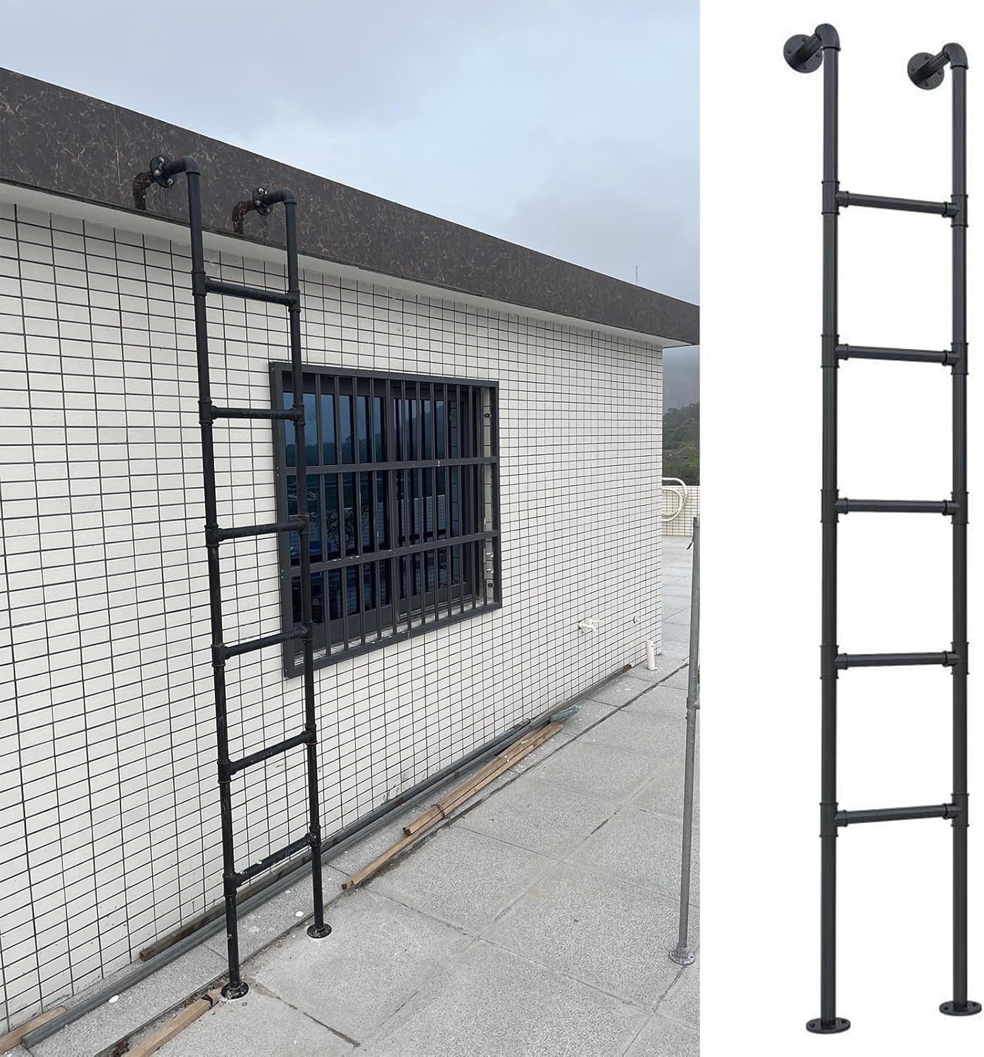 Wall Mounted Metal Ladder 100-300cm | Industrial Black Iron Pipe Loft Basement Egress Ladder for Bunk Bed, RV, Dorm, Library | Load 150kg/330lbs Black(2m/6.6ft/79 in)