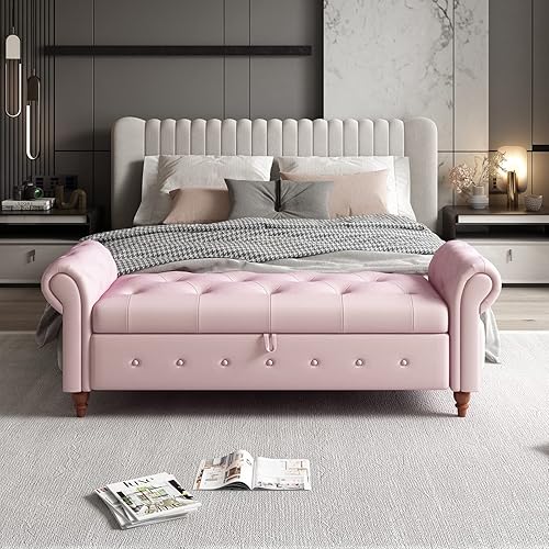 Miniatura 5 de Banco de almacenamiento copetudo de 63 pulgadas para el extremo de la cama, banco otomano de almacenamiento tapizado de terciopelo para dormitorio,