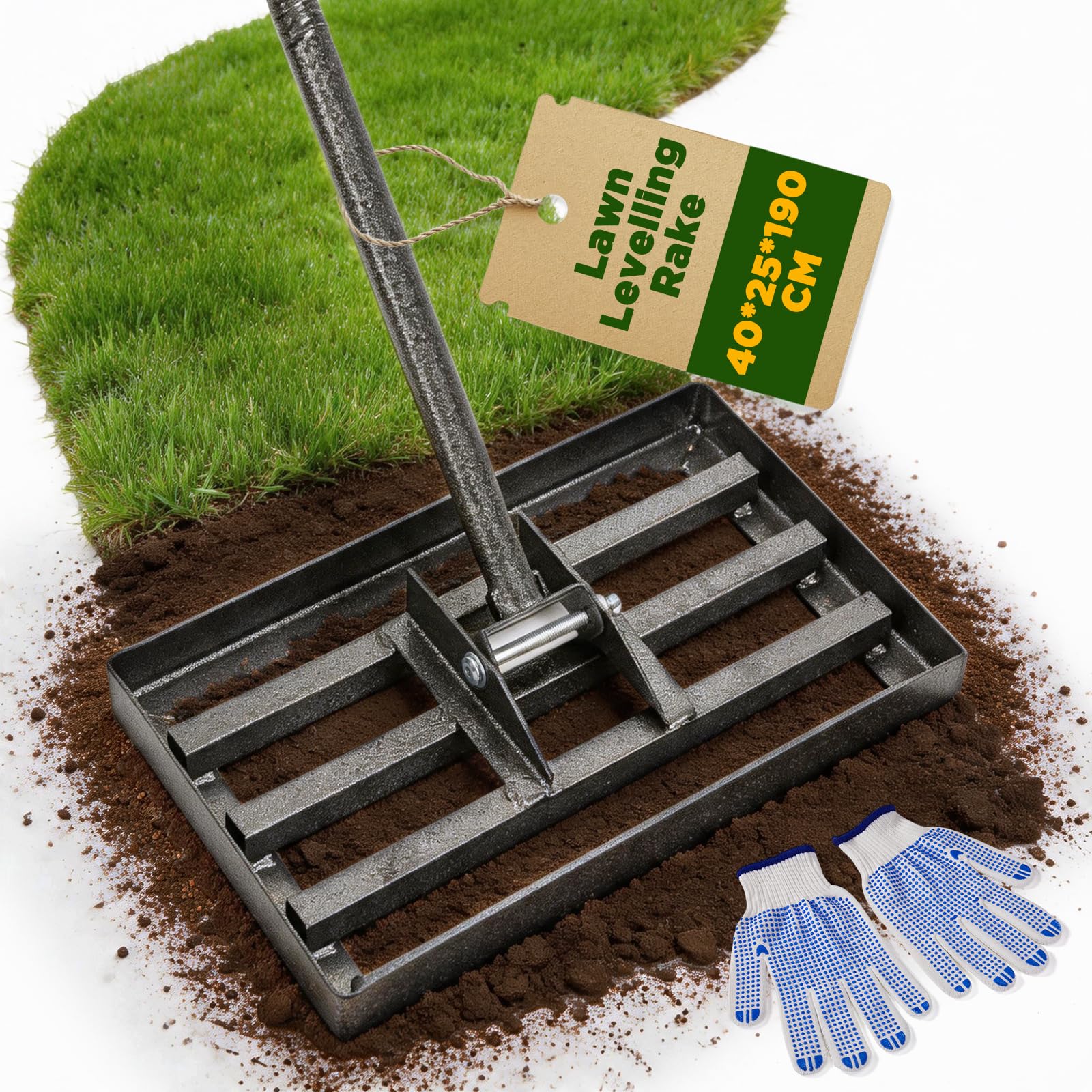 Bakoehge Lawn Leveling Rake 40 x 25cm, Lawn Leveller Tool with Adjustable 67-190cm Long Handle, Heavy Duty Soil & Sand Spreader for Grass, Garden, Yard, Farm Land, Golf Course & Top Dressing