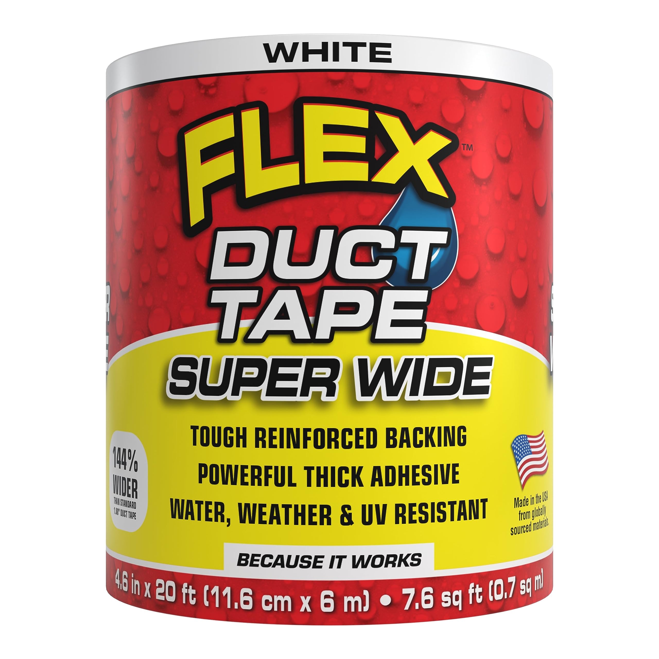Flex Duct Tape, Super Wide, 4.6 Inches x 20 Feet, White, Heavy Duty Strong, Multi-Surface, Water, Weather and UV Resistant, Tearable, Perfect for Boxes, No Residue