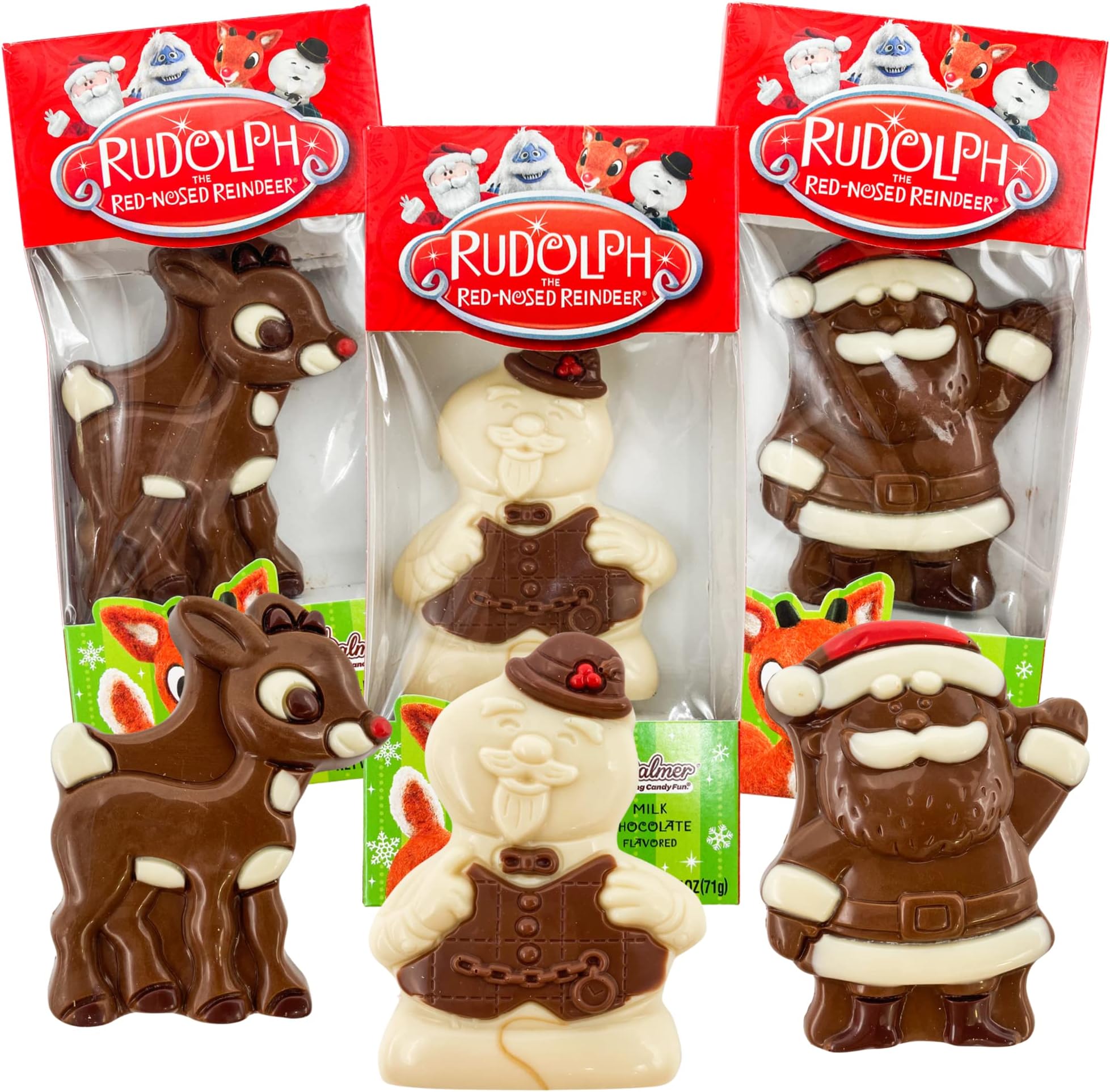 Sweetzo Rudolph The Red Nosed Reindeer Christmas Party Pals, Individually Wrapped Favorite Character Shaped Milk and White Solid Chocolates (Pack of 3) Style May Vary