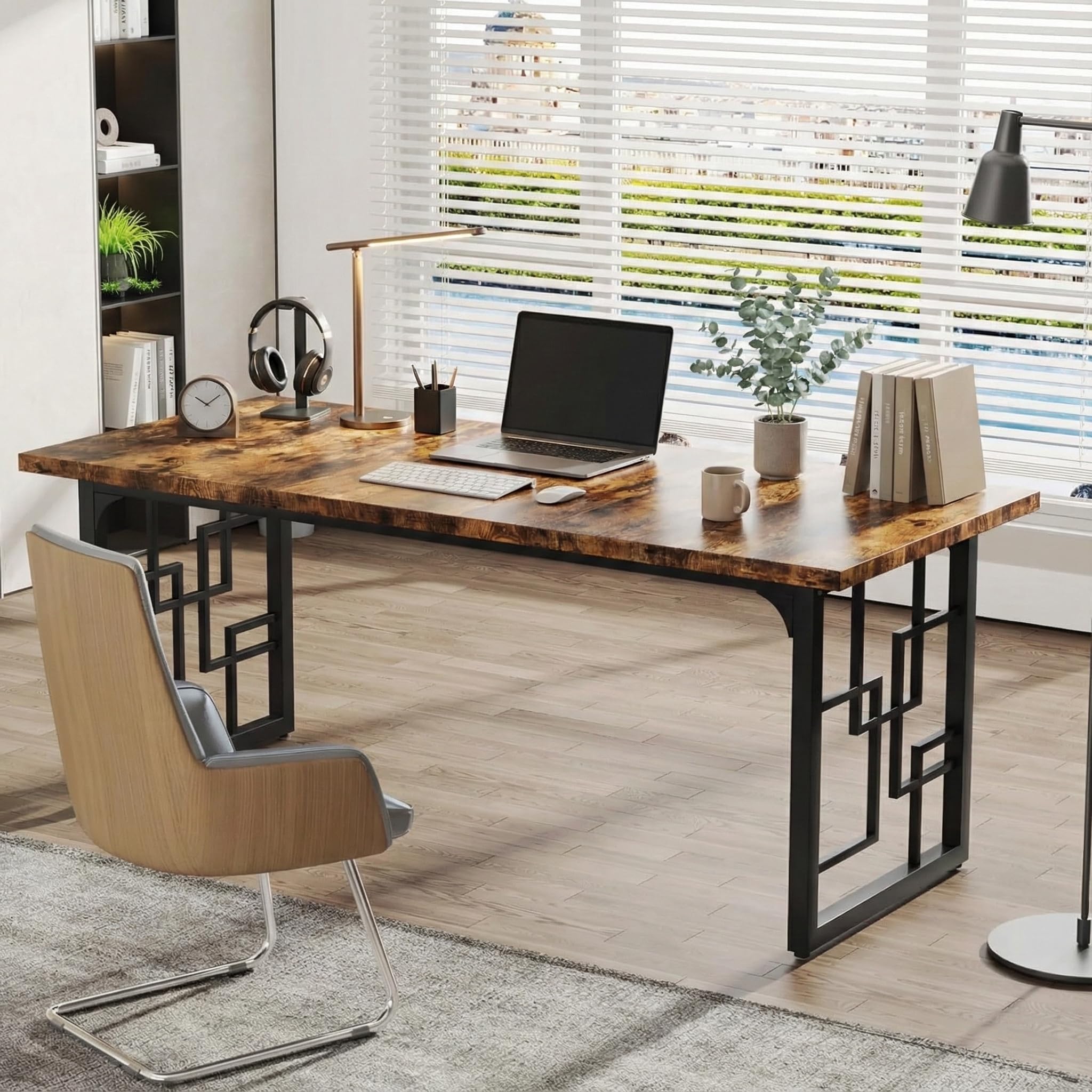 Lailang 160cm Scrivania Ufficio 160x80, Scrittoio Vintage, Scrivania Porta PC E Stampante, Tavolo Legno, Tavolo Riunioni Ufficio, Scrivania Grande, 160 x 80 x 75 cm, Rovere E Nero