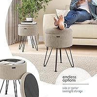 Vista 4 de STORAGEBUD Otomana redonda con almacenamiento, otomana de almacenamiento de bouclé, taburetes otomanos, taburete de tocador de maquillaje, pequeños