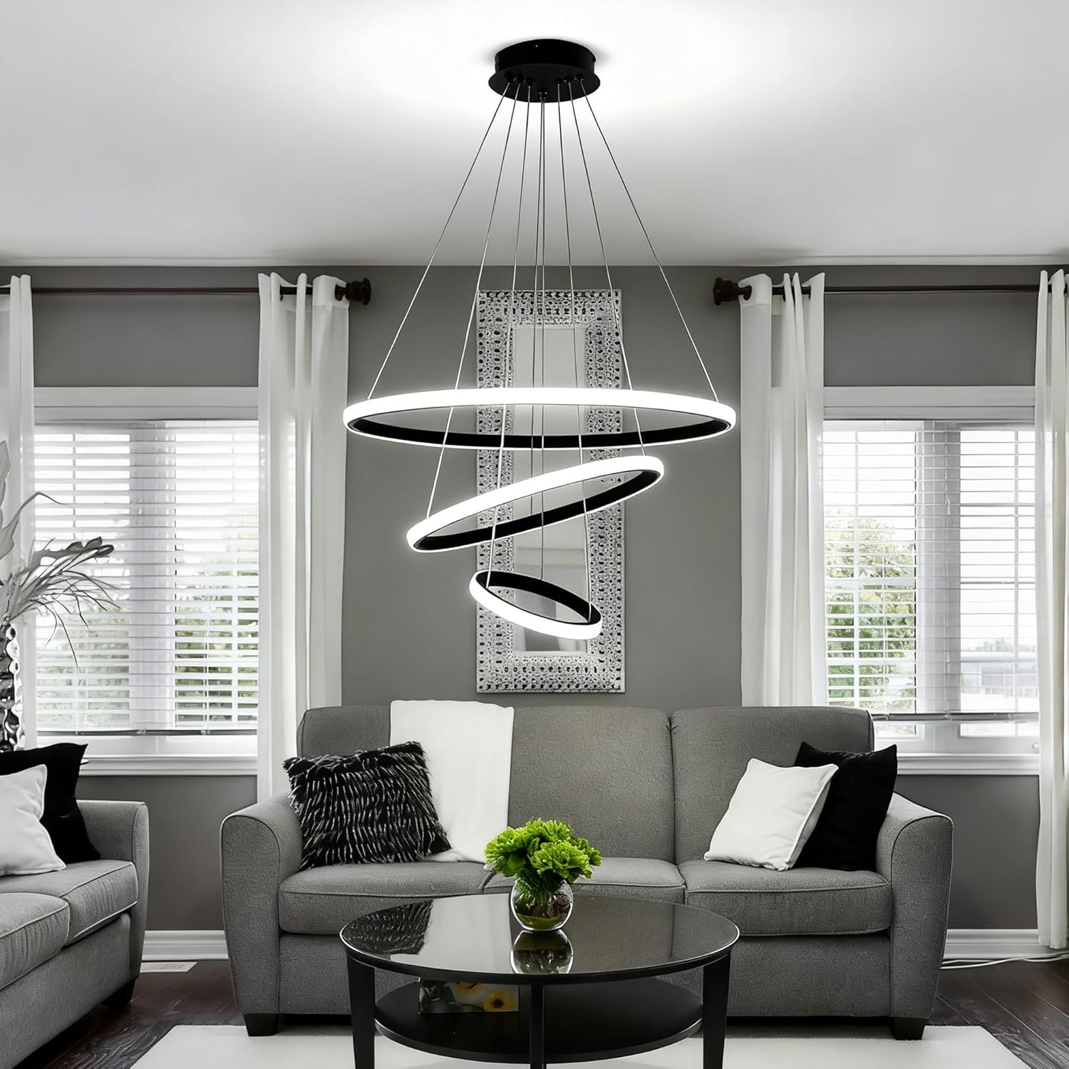 Black 3-Ring LED Pendant Light, Dimmable Modern Chandelier, Adjustable LED Island Lighting for Kitchen Island, Dining Room, Foyer, High Ceiling Spaces