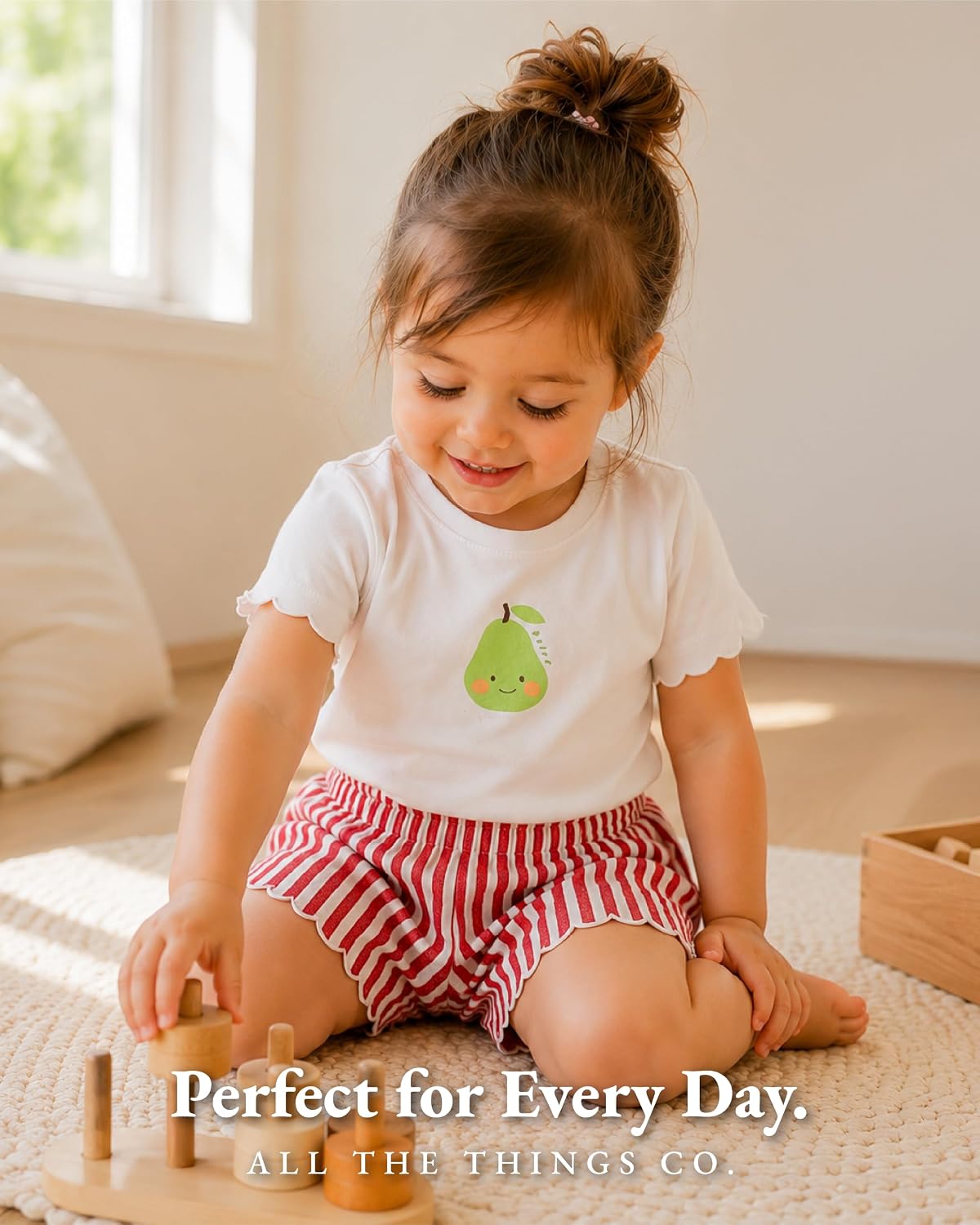Toddler Girls 2-Piece Short Set, Pear Graphic T-Shirt and Red Striped Scalloped Shorts, Casual Outfit