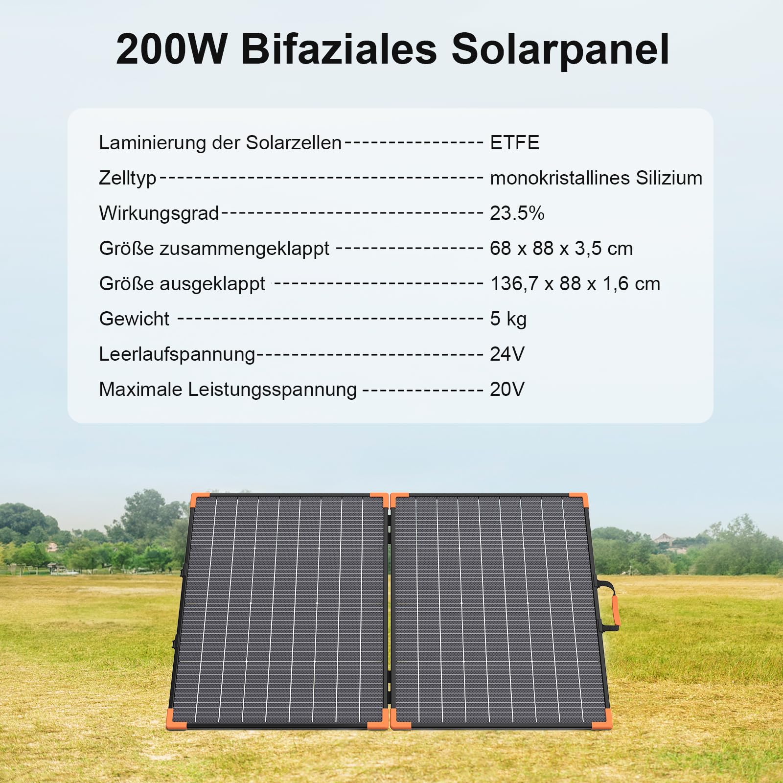200 Watt Tragbares Solarpanel, 20-V-bifaciales Faltbares Solarladegerät, 23,5% hoher Wirkungsgrad für Kraftwerke, IP68 wasserdicht mit 2 stabilen Stützen für Wohnmobile
