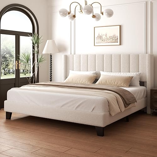 Miniatura 9 de Marco de Cama Queen con Cabecero Tapizado Marco de Cama de Plataforma con Cabecero de Terciopelo Teddy, Soporte de Listones de Madera/Diseño de