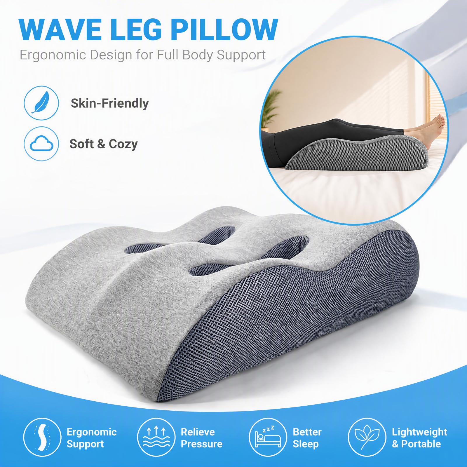 Venenkissen Beinhochlagerungskissen, Kissen Beine Hochlagern Memory-Schaum, Beinkissen Ergonomisches zur Förderung der Durchblutung (Hellgrau, 54 * 43 * 15CM)