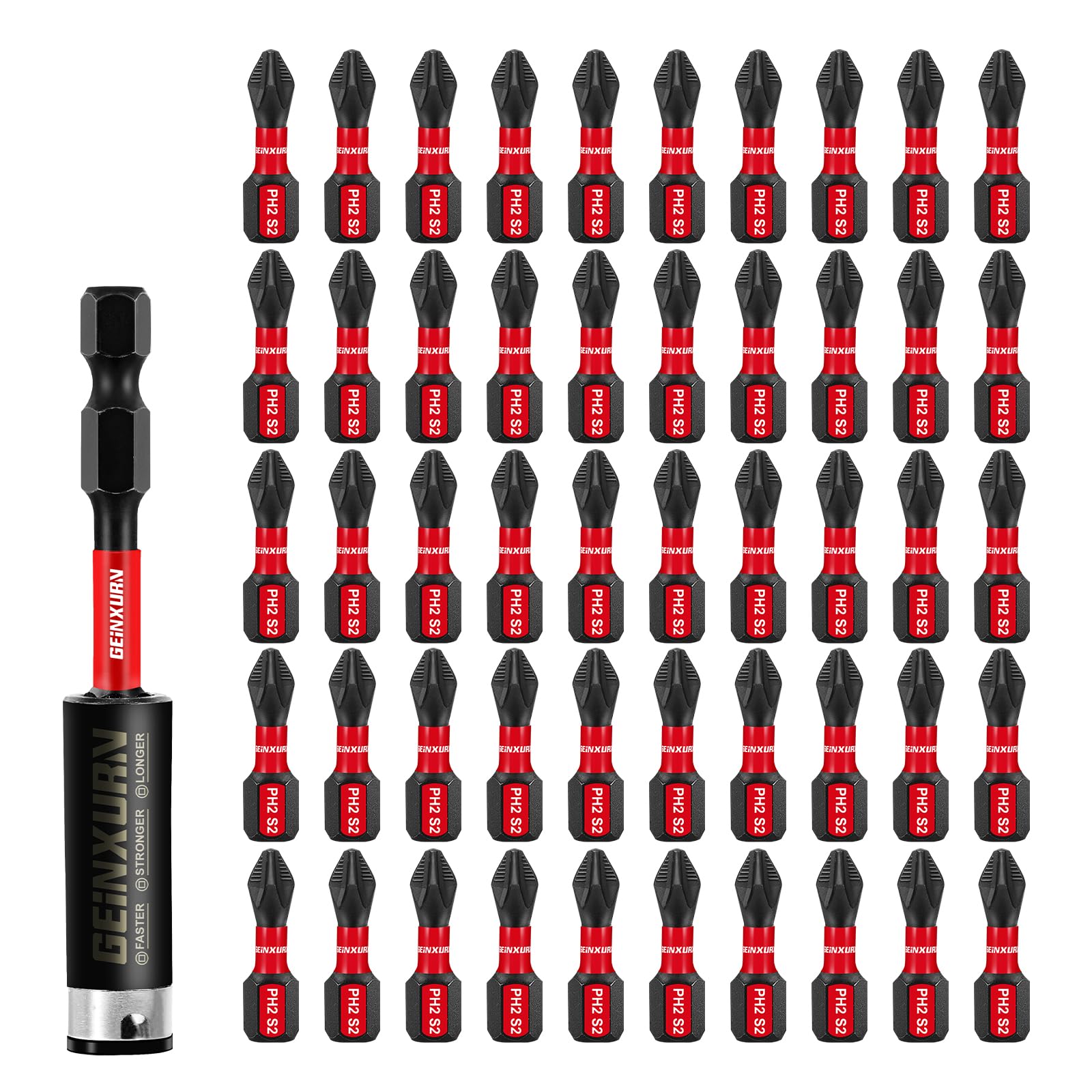 Geinxurn 51Pack PH2 1 Inches Impact Tough Anti-Slip Screwdriver Bits, #2 Phillips 1/4 Inch Hex Shank Magnetic Tips Cross Screwdriver Bits Set with