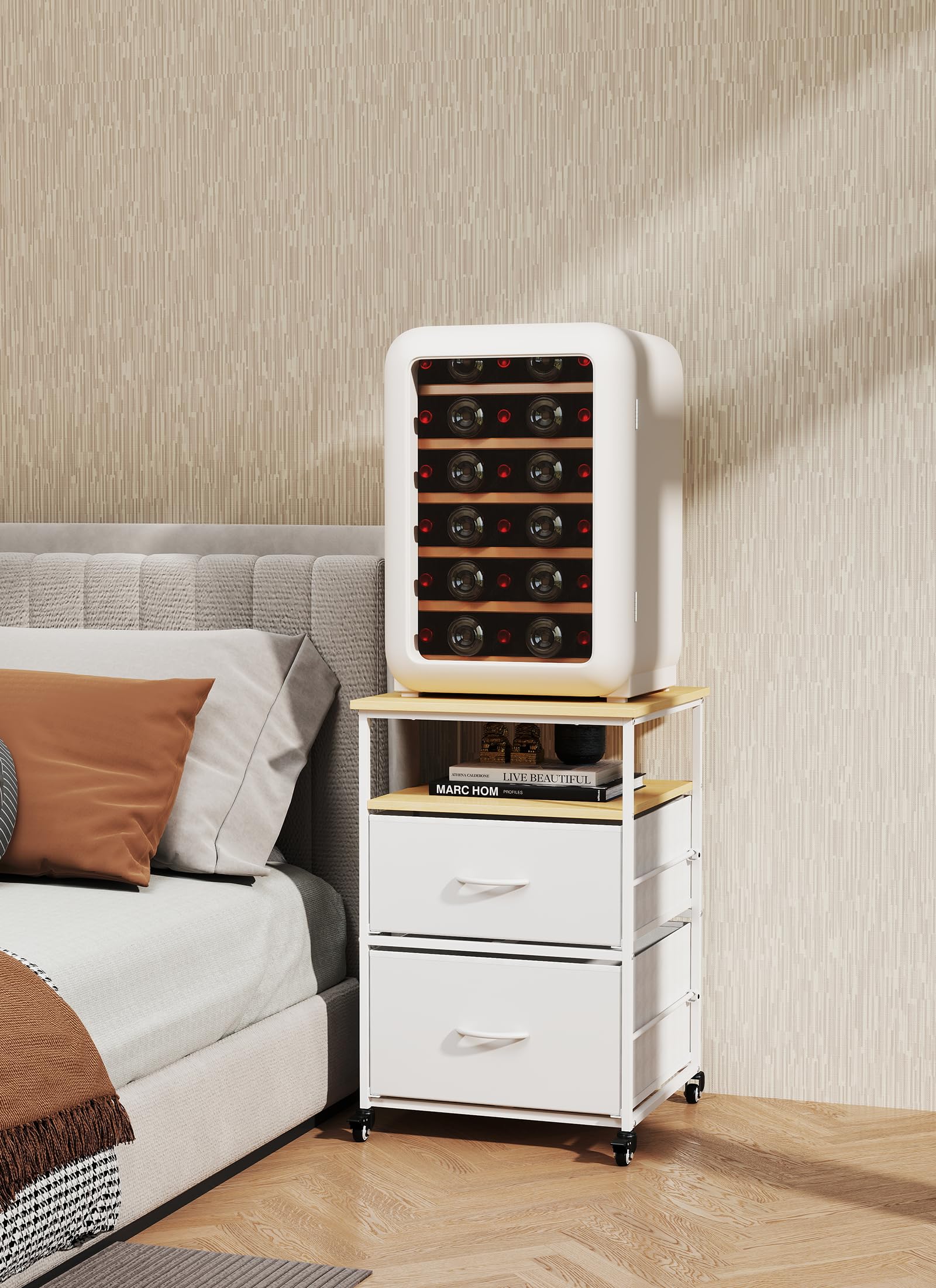 Miniestantería portátil para frigorífico con 4 ruedas, armario con 2 cajones, carrito de cocina, mesa auxiliar de 76 cm, mini soporte para nevera pequeña, para mini nevera, cocina, salón
